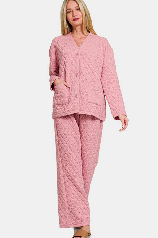 Blue Zone Planet | Zenana Quilted Button Up Long Sleeve Top and Pants Lounge Set-TOPS / DRESSES-[Adult]-[Female]-Dusty Pink-S-2022 Online Blue Zone Planet