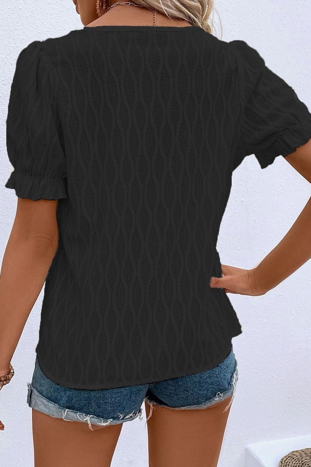 Texture Notched Short Sleeve Blouse-TOPS / DRESSES-[Adult]-[Female]-2022 Online Blue Zone Planet