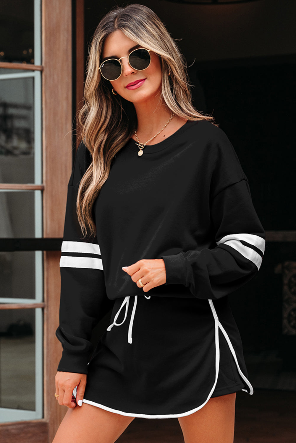 Evergreen Varsity Stripe Detail Drop Shoulder Pullover Mini Skirt Set-Two Piece Sets/Two Piece Dresses-[Adult]-[Female]-2022 Online Blue Zone Planet