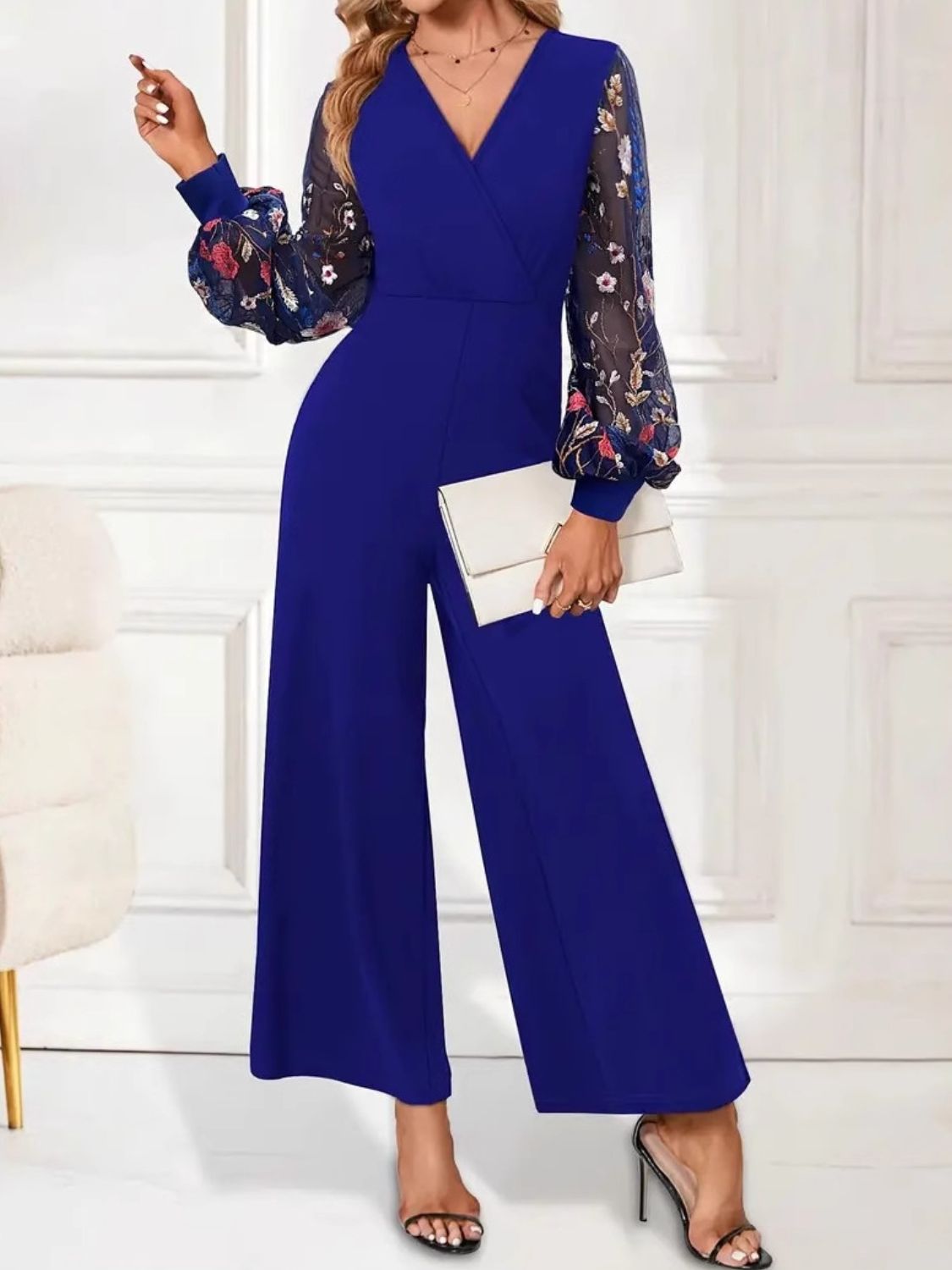 Blue Zone Planet | Surplice Embroidered Long Sleeve Wide Leg Jumpsuit-TOPS / DRESSES-[Adult]-[Female]-Dark Blue-S-2022 Online Blue Zone Planet