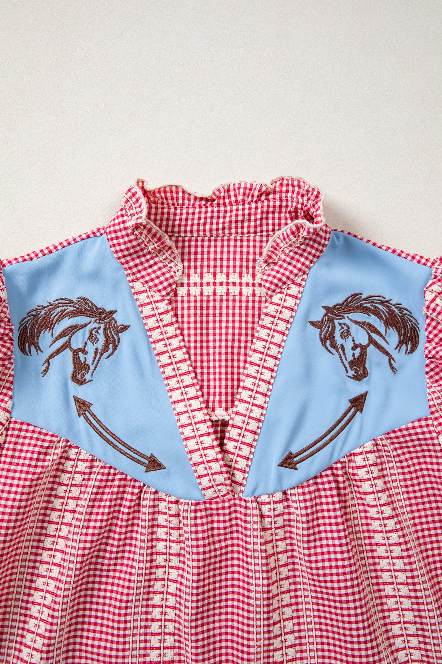 Brown Western Pony Embroidered Yoke Puff Sleeve Gingham Blouse-Tops/Blouses & Shirts-[Adult]-[Female]-2022 Online Blue Zone Planet