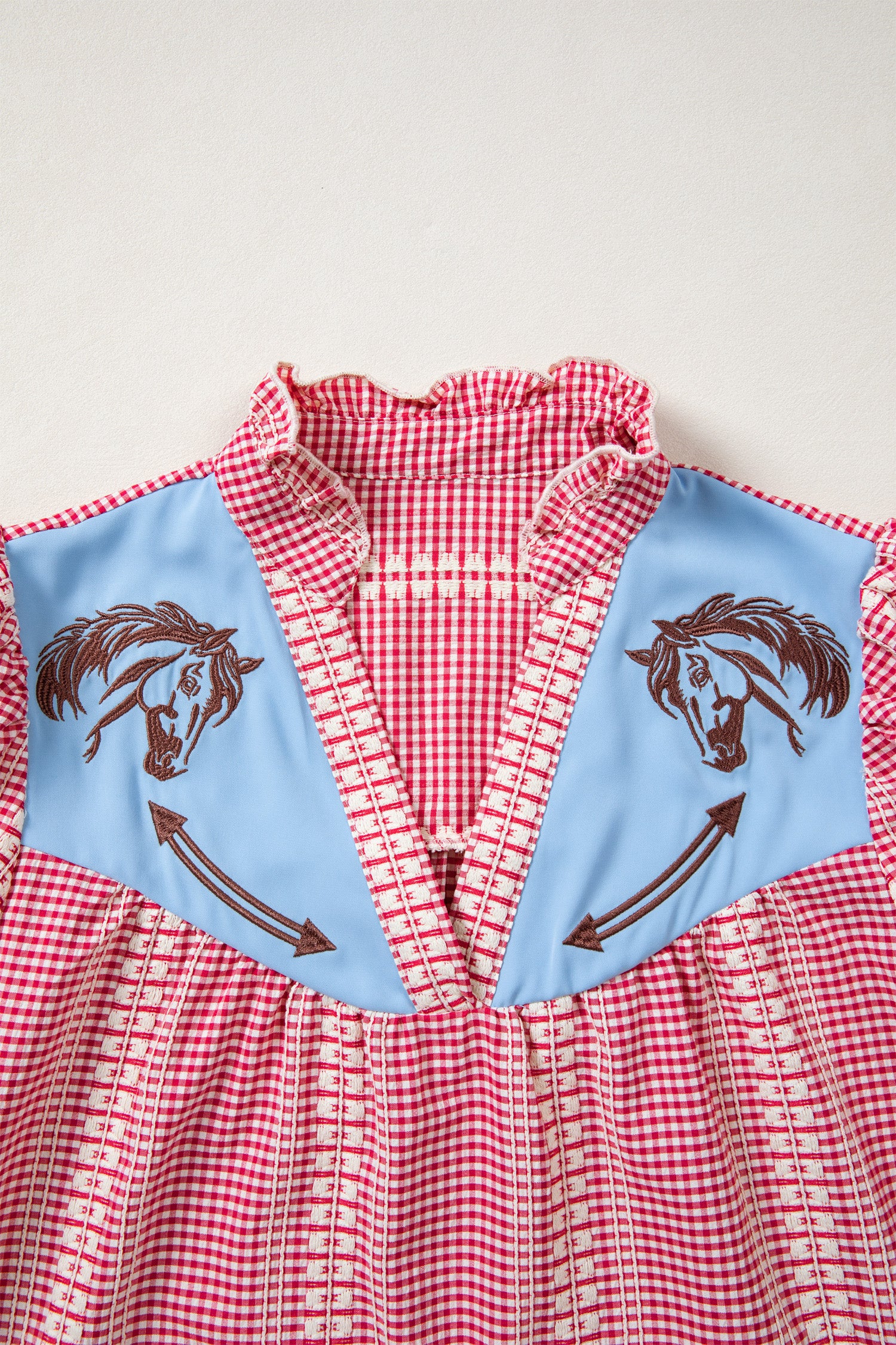 Brown Western Pony Embroidered Yoke Puff Sleeve Gingham Blouse-Tops/Blouses & Shirts-[Adult]-[Female]-2022 Online Blue Zone Planet