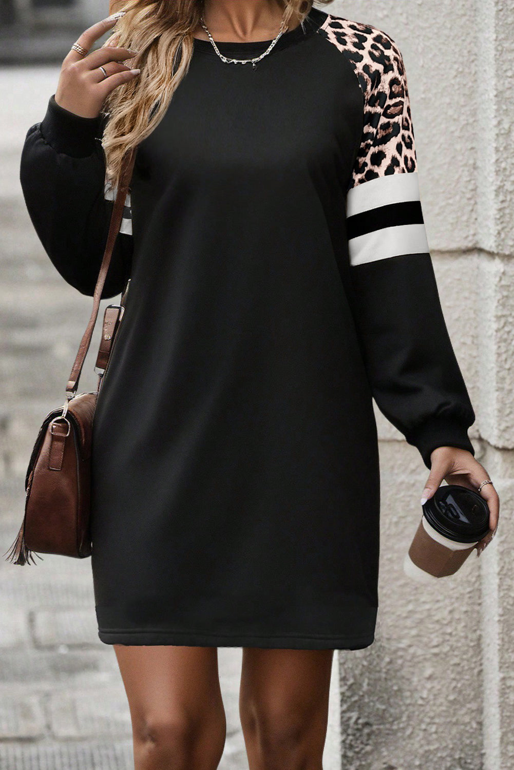 Black Leopard Print Patchwork Varsity Raglan Sleeve Sweatshirt Dress-TOPS / DRESSES-[Adult]-[Female]-2022 Online Blue Zone Planet