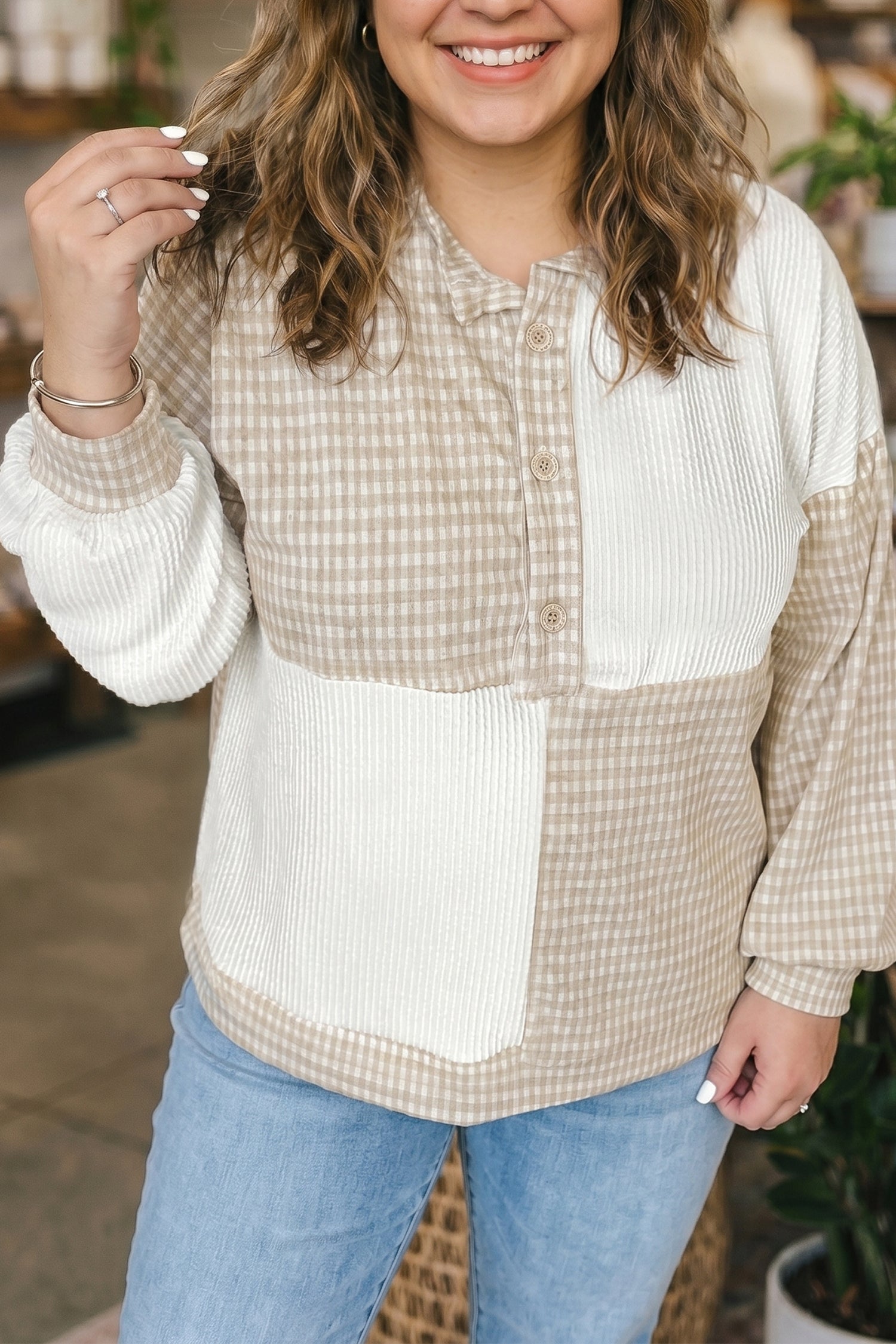 Khaki Patchwork Checkered Long Sleeve Round Neck Plus Size Blouse-Plus Size/Plus Size Tops/Plus Size Long Sleeve Tops-[Adult]-[Female]-Khaki-1X-2022 Online Blue Zone Planet