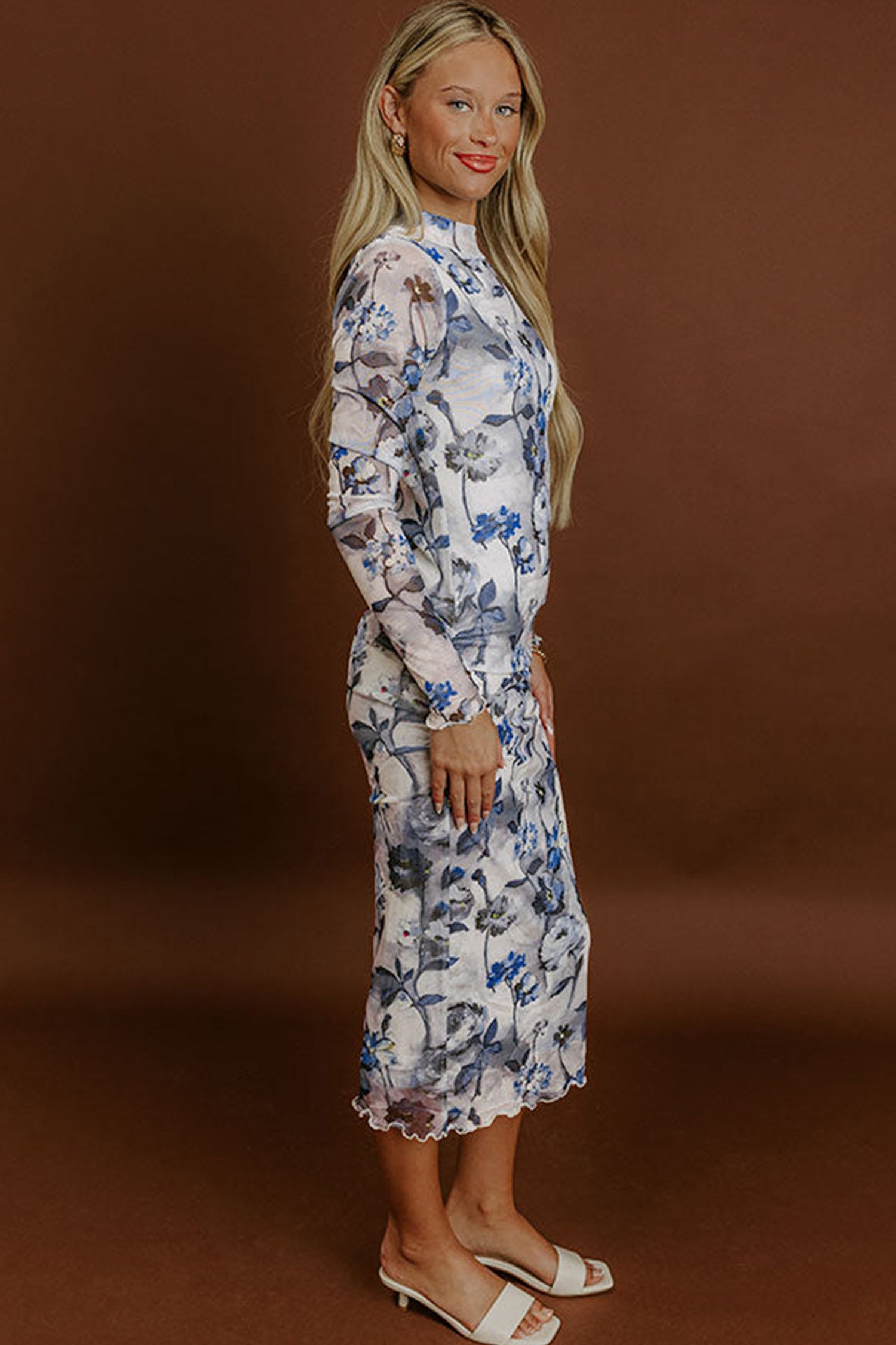Sky Blue Floral Print Sheath Elegant Long Sleeve Dress-Dresses/Midi Dresses-[Adult]-[Female]-2022 Online Blue Zone Planet