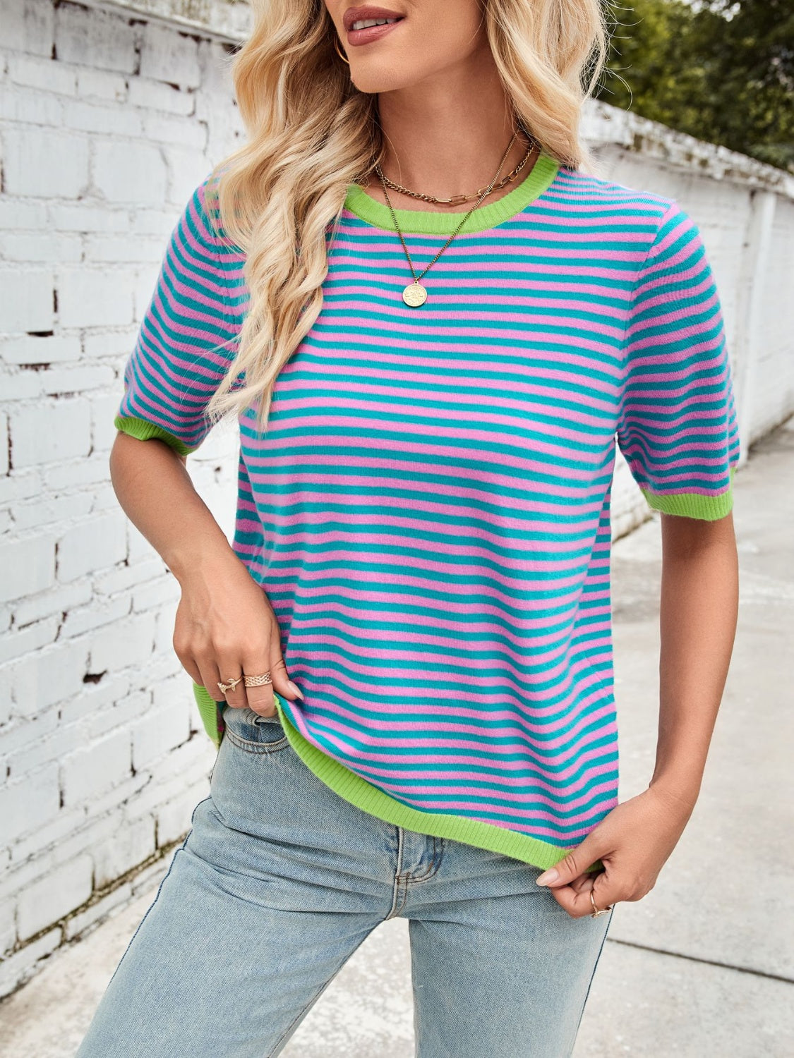 Lovelet Striped Contrast Round Neck Half Sleeve Knit Top-TOPS / DRESSES-[Adult]-[Female]-2022 Online Blue Zone Planet