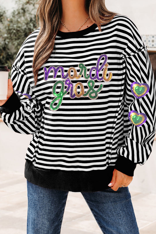Black Stripe Raw Seam Detail Sequin Mardi Gras Heart Patched Graphic Long Sleeve Top-Graphic/Graphic Long Sleeve Tees-[Adult]-[Female]-Black Stripe-S-2022 Online Blue Zone Planet