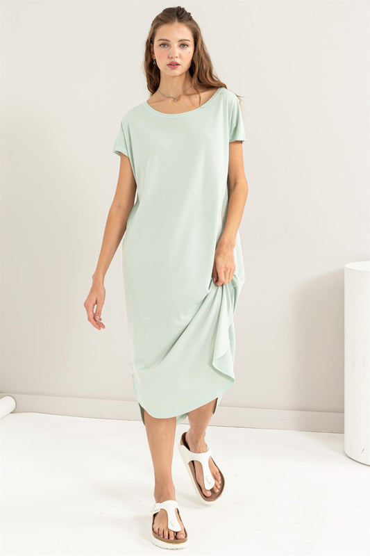 HYFVE Short Sleeve High-Low Slit Midi Dress-TOPS / DRESSES-[Adult]-[Female]-Mint-S-2022 Online Blue Zone Planet