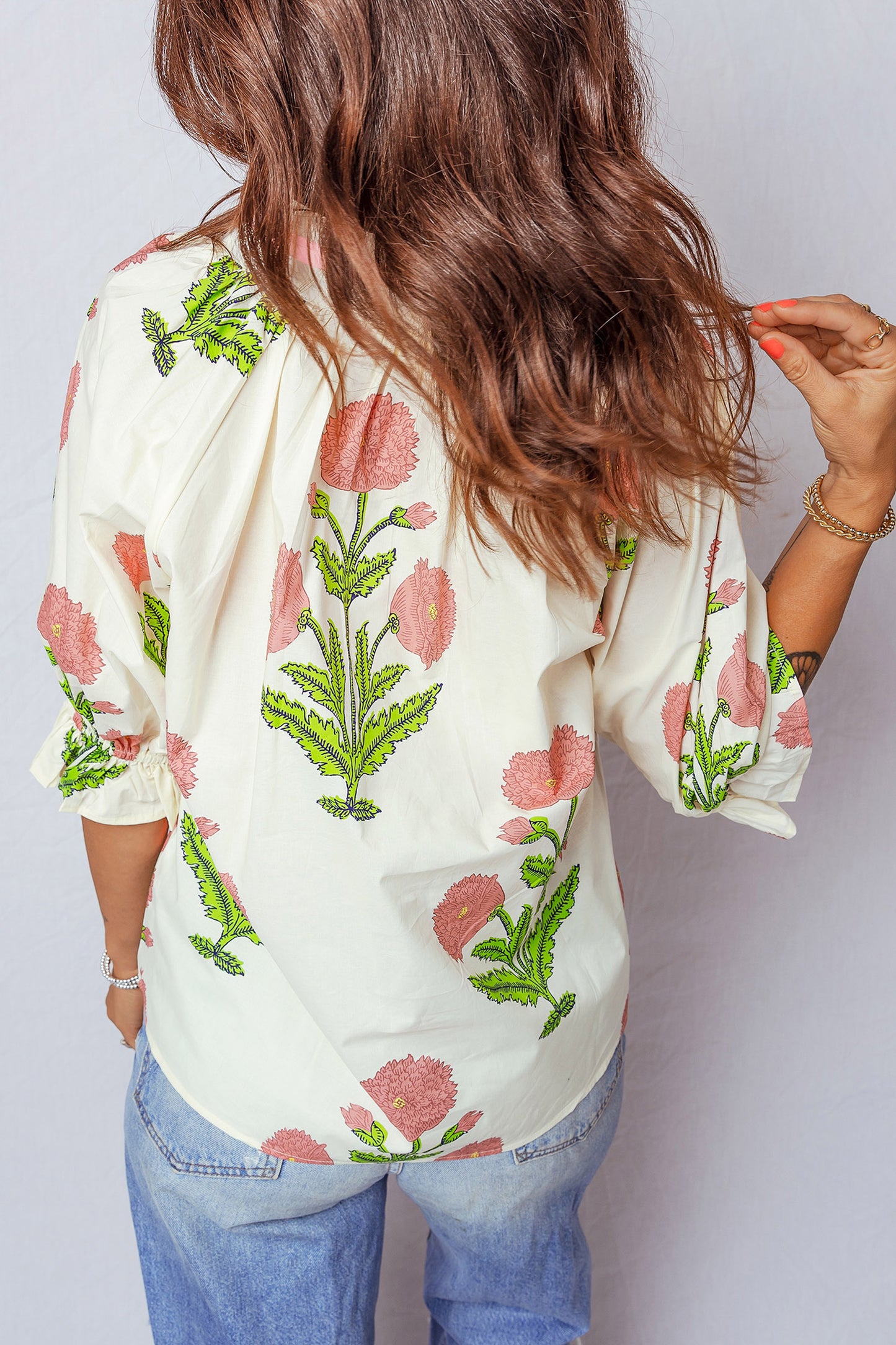 Pink Plus Size Floral Print Striped Trim V Neck Blouse-Plus Size/Plus Size Tops/Plus Size Blouses & Shirts-[Adult]-[Female]-2022 Online Blue Zone Planet