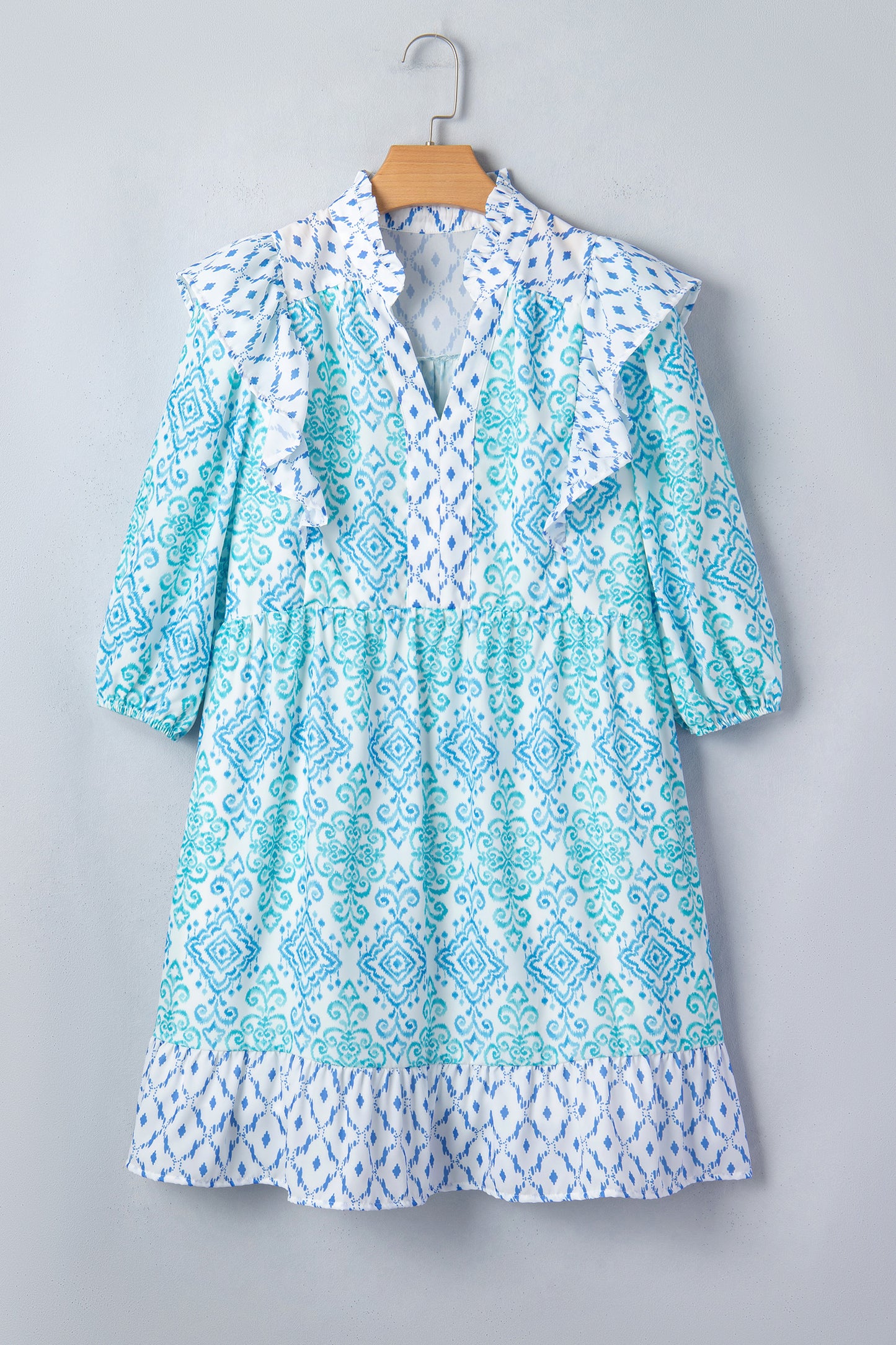 Sky Blue Boho Floral Geometric Patchwork Ruffle Detail Puff Sleeve Mini Dress-TOPS / DRESSES-[Adult]-[Female]-2022 Online Blue Zone Planet