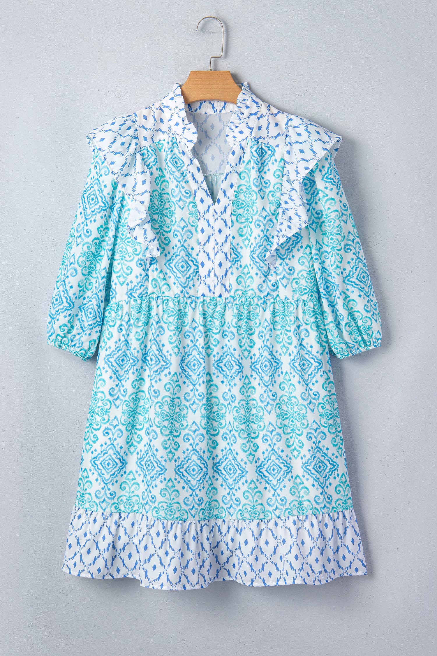 Sky Blue Boho Floral Geometric Patchwork Ruffle Detail Puff Sleeve Mini Dress-TOPS / DRESSES-[Adult]-[Female]-2022 Online Blue Zone Planet