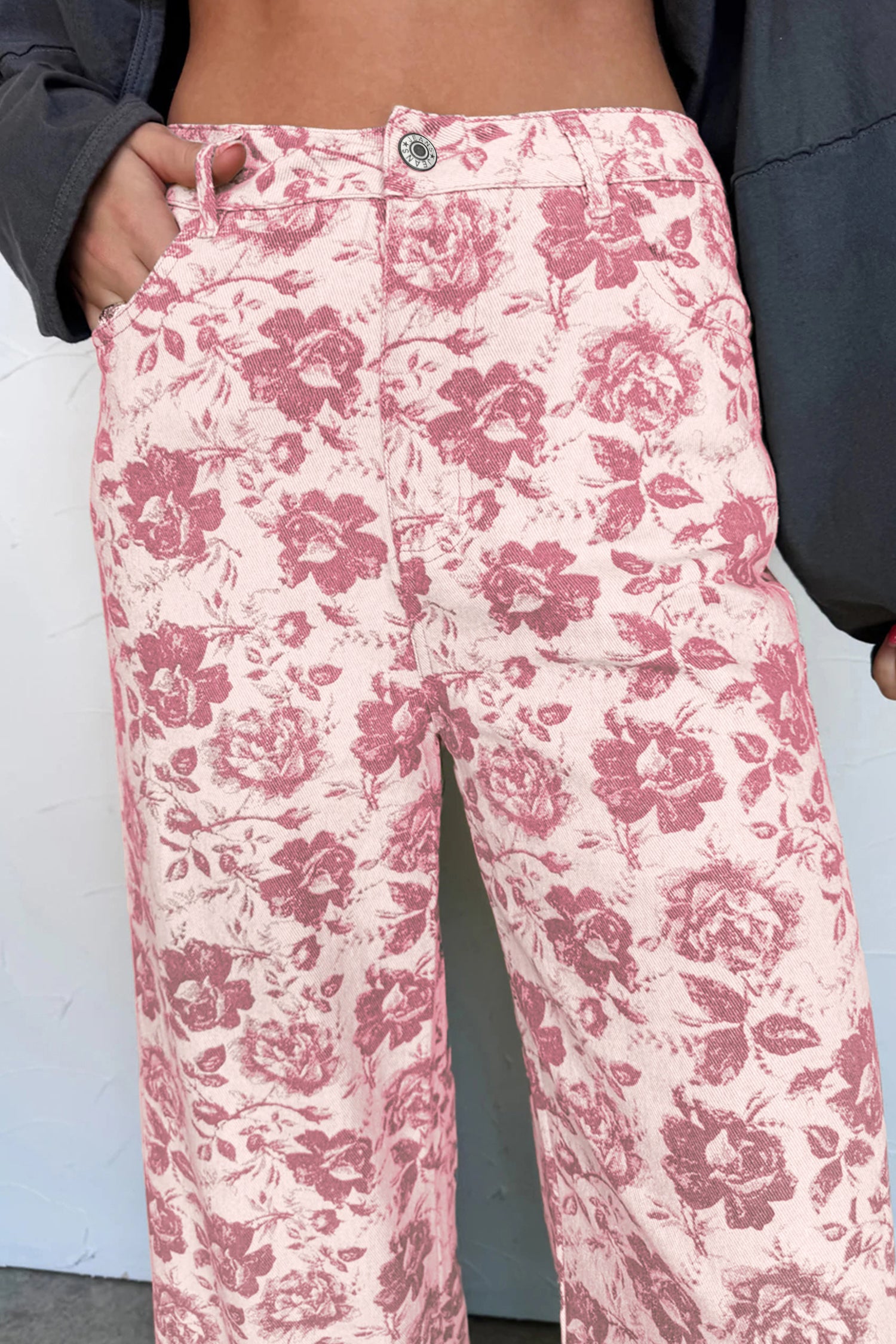Pink Vintage Floral Print Denim Shift Pants-Bottoms/Jeans-[Adult]-[Female]-2022 Online Blue Zone Planet