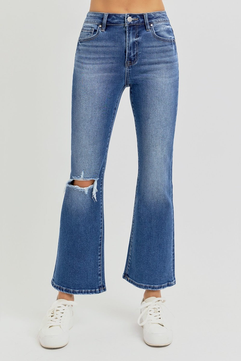 RISEN Full Size Distressed High Rise Crop Flare Jeans-BOTTOMS SIZES SMALL MEDIUM LARGE-[Adult]-[Female]-2022 Online Blue Zone Planet