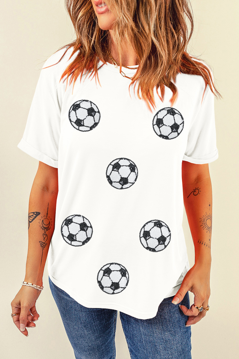 White Sequin Football Patched Graphic Game Day T Shirt-Graphic/Graphic Tees-[Adult]-[Female]-2022 Online Blue Zone Planet