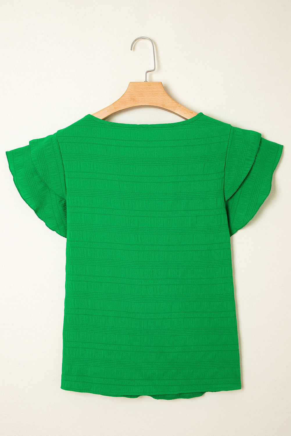 Dark Green Textured Ruffled Sleeve Round Neck Top-Tops/Blouses & Shirts-[Adult]-[Female]-2022 Online Blue Zone Planet