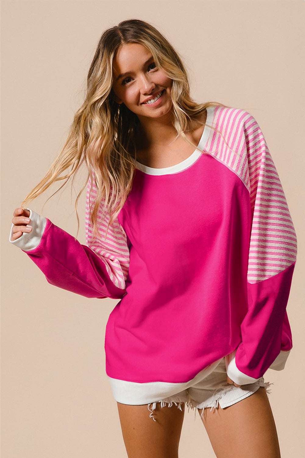 Strawberry Pink Striped Patchwork Crew Neck Raglan Sleeve Top-Tops/Long Sleeve Tops-[Adult]-[Female]-2022 Online Blue Zone Planet