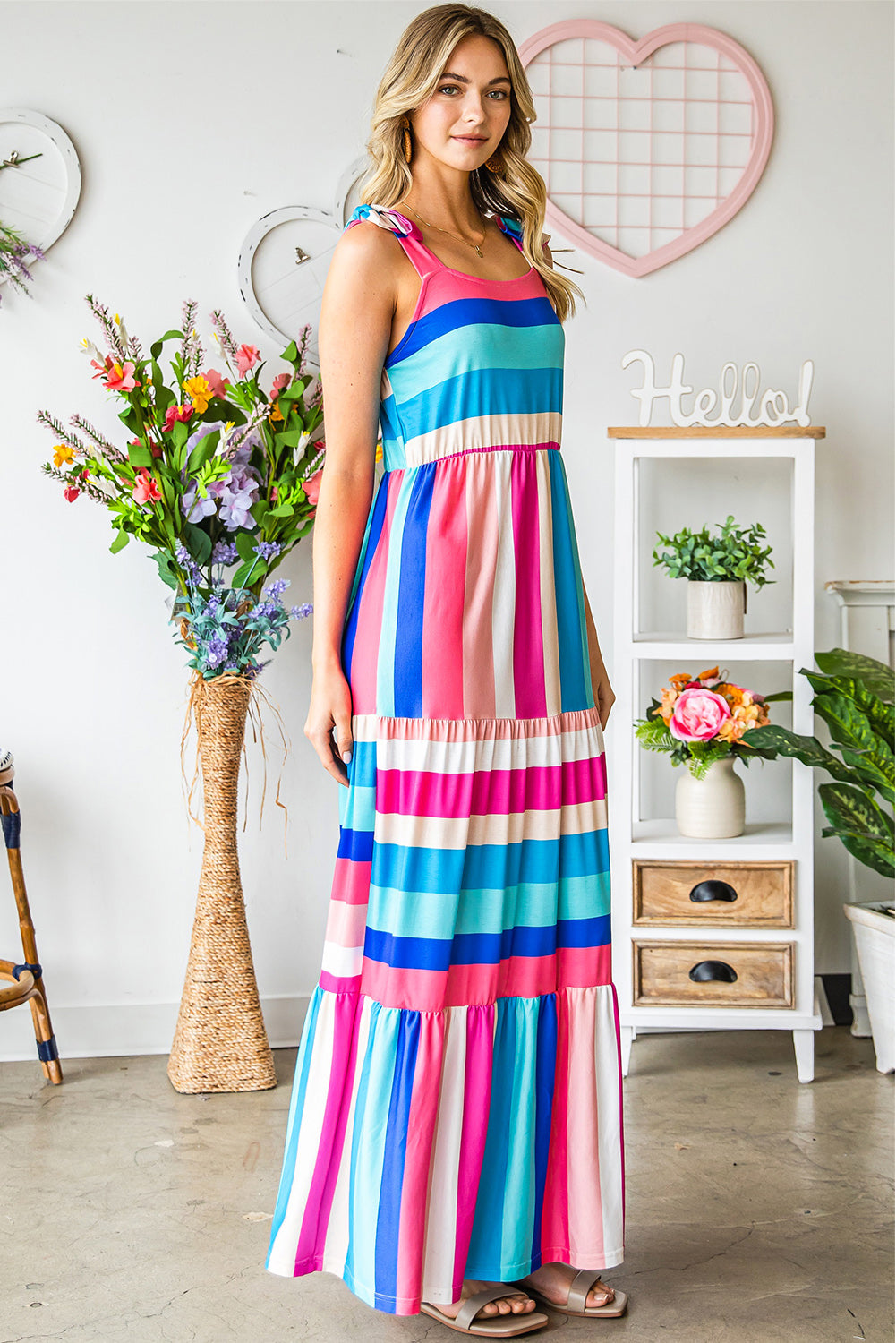 Multicolor Striped Print Bow Knot Straps Sleeveless Maxi Dress-Maxi Dresses-[Adult]-[Female]-2022 Online Blue Zone Planet