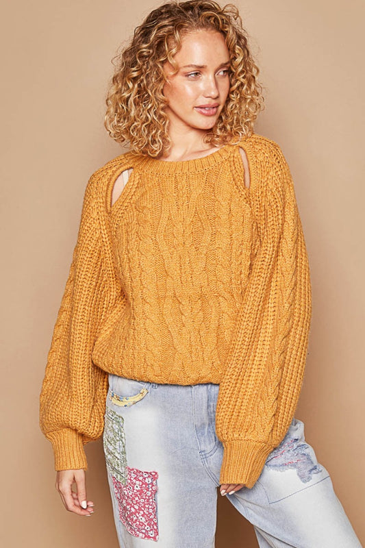 Blue Zone Planet | POL Cable Knit Cutout Long Sleeve Sweater-TOPS / DRESSES-[Adult]-[Female]-Honey Mustard-S-2022 Online Blue Zone Planet