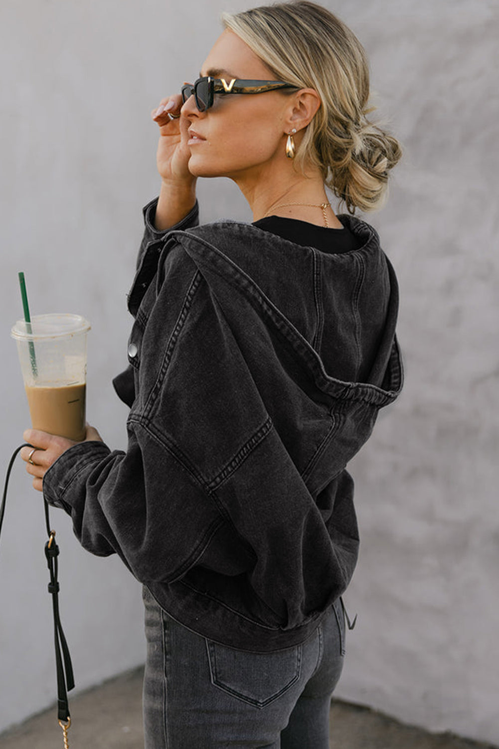 Black Big Chest Pocket Drop Shoulder Hooded Denim Jacket-Outerwear/Denim jackets-[Adult]-[Female]-2022 Online Blue Zone Planet