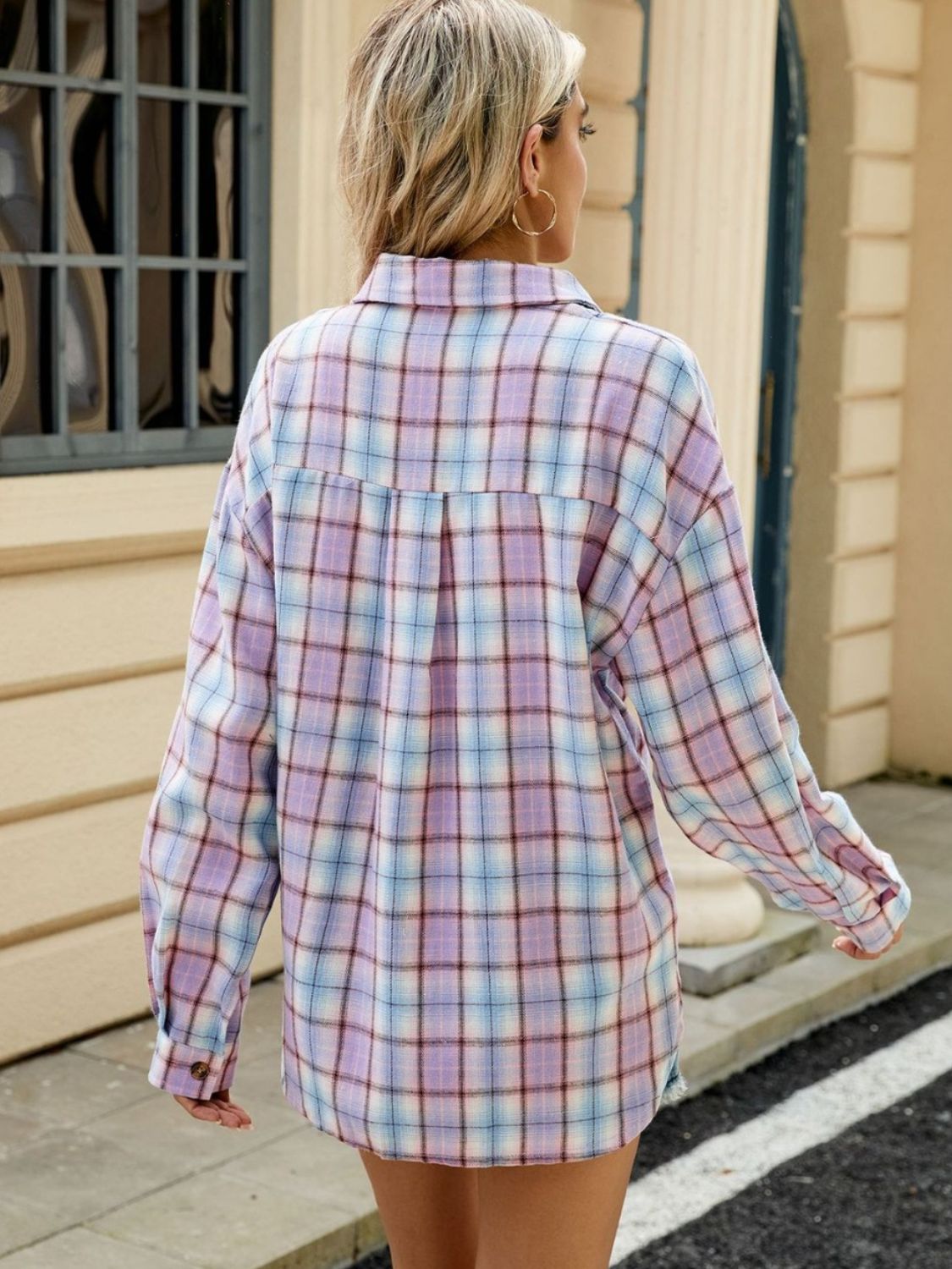 Plaid Collared Neck Long Sleeve Shirt-TOPS / DRESSES-[Adult]-[Female]-2022 Online Blue Zone Planet