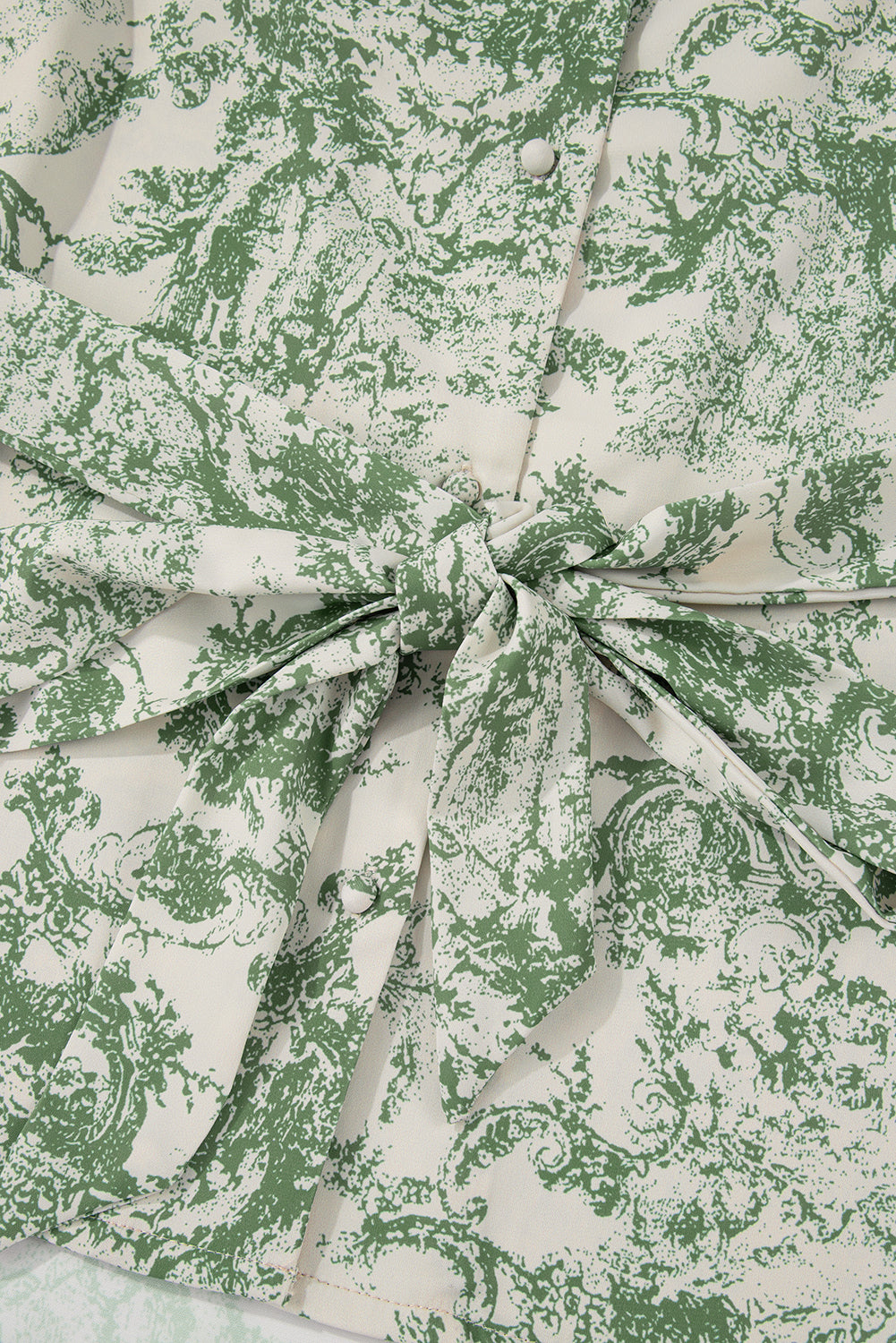 Green Landscape Print Tied 3/4 Sleeve Shirt with Sash-Tops/Blouses & Shirts-[Adult]-[Female]-2022 Online Blue Zone Planet