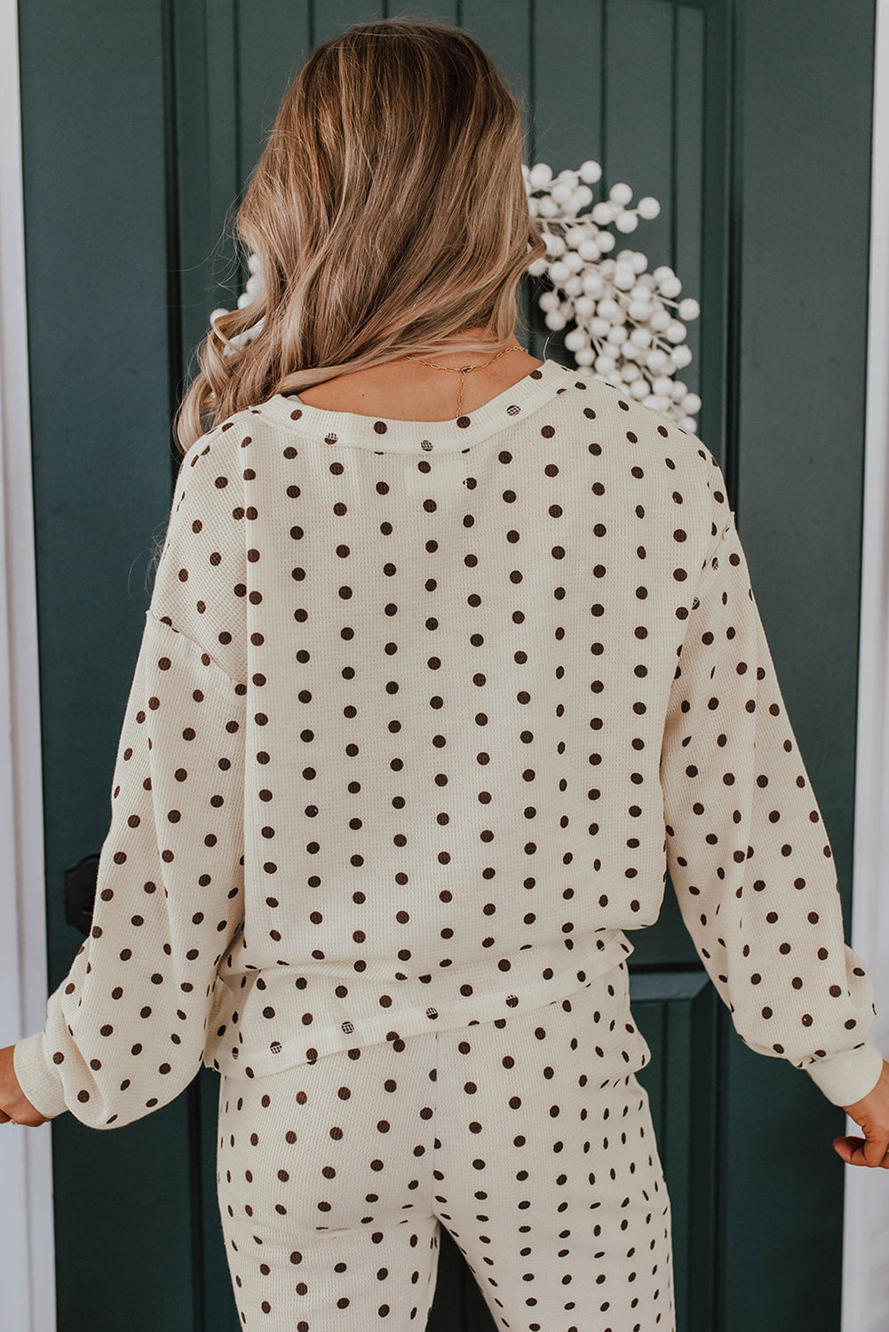 White Polka Dot Print Notched Neck Long Sleeve Top Drawstring Jogger Pants Waffle Knit Lounge Set-Loungewear & Sleepwear/Loungewear-[Adult]-[Female]-2022 Online Blue Zone Planet