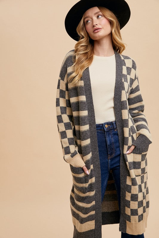 Annie Wear Checkered & Striped Open Front Long Sleeve Cardigan-TOPS / DRESSES-[Adult]-[Female]-2022 Online Blue Zone Planet