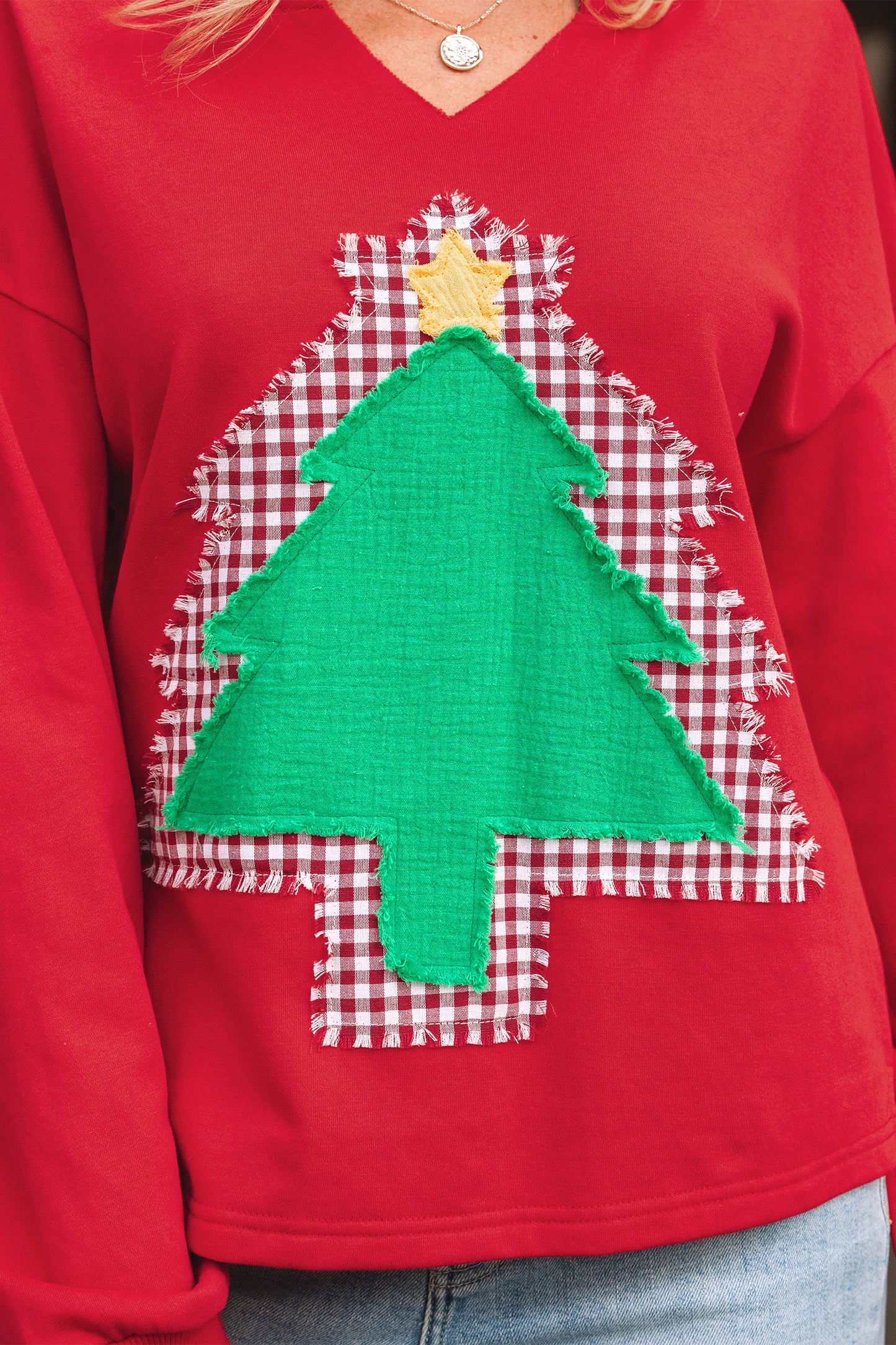 Fiery Red Plaid Frayed Double Christmas Tree Patched Drop Shoulder Sweatshirt-Tops/Sweatshirts & Hoodies-[Adult]-[Female]-2022 Online Blue Zone Planet