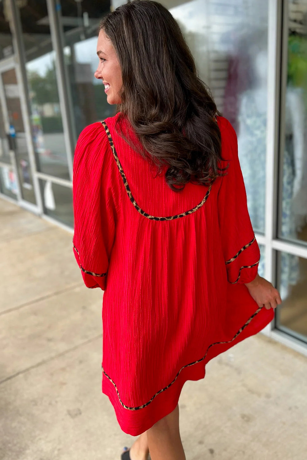 Fiery Red Textured V Neck Leopard Contrasted Trim Long Sleeve Shift Mini Dress-Dresses/Mini Dresses-[Adult]-[Female]-2022 Online Blue Zone Planet