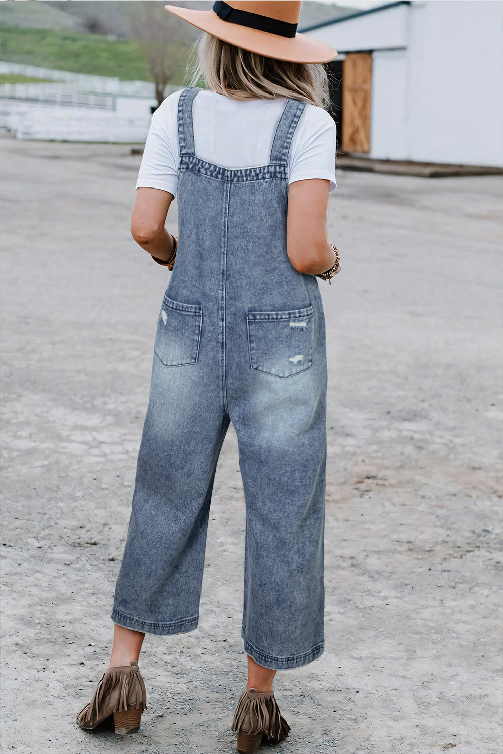 Stone Blue Distressed Bib Pocket Wide Leg Denim Overall-Bottoms/Jumpsuits & Rompers-[Adult]-[Female]-2022 Online Blue Zone Planet