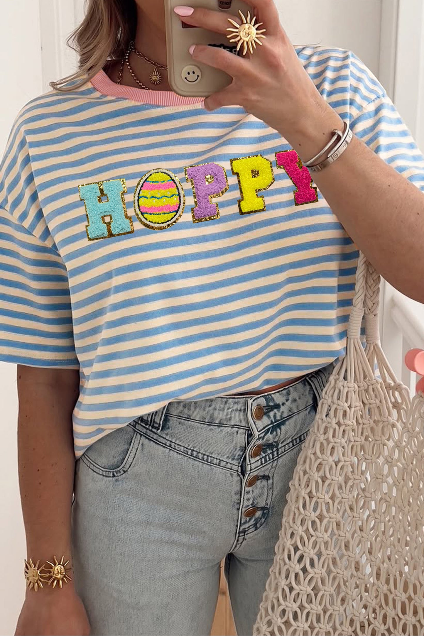 Sky Blue Stripe HOPPY Chenille Patched Graphic Crew Neck Tee-Graphic/Graphic Tees-[Adult]-[Female]-2022 Online Blue Zone Planet