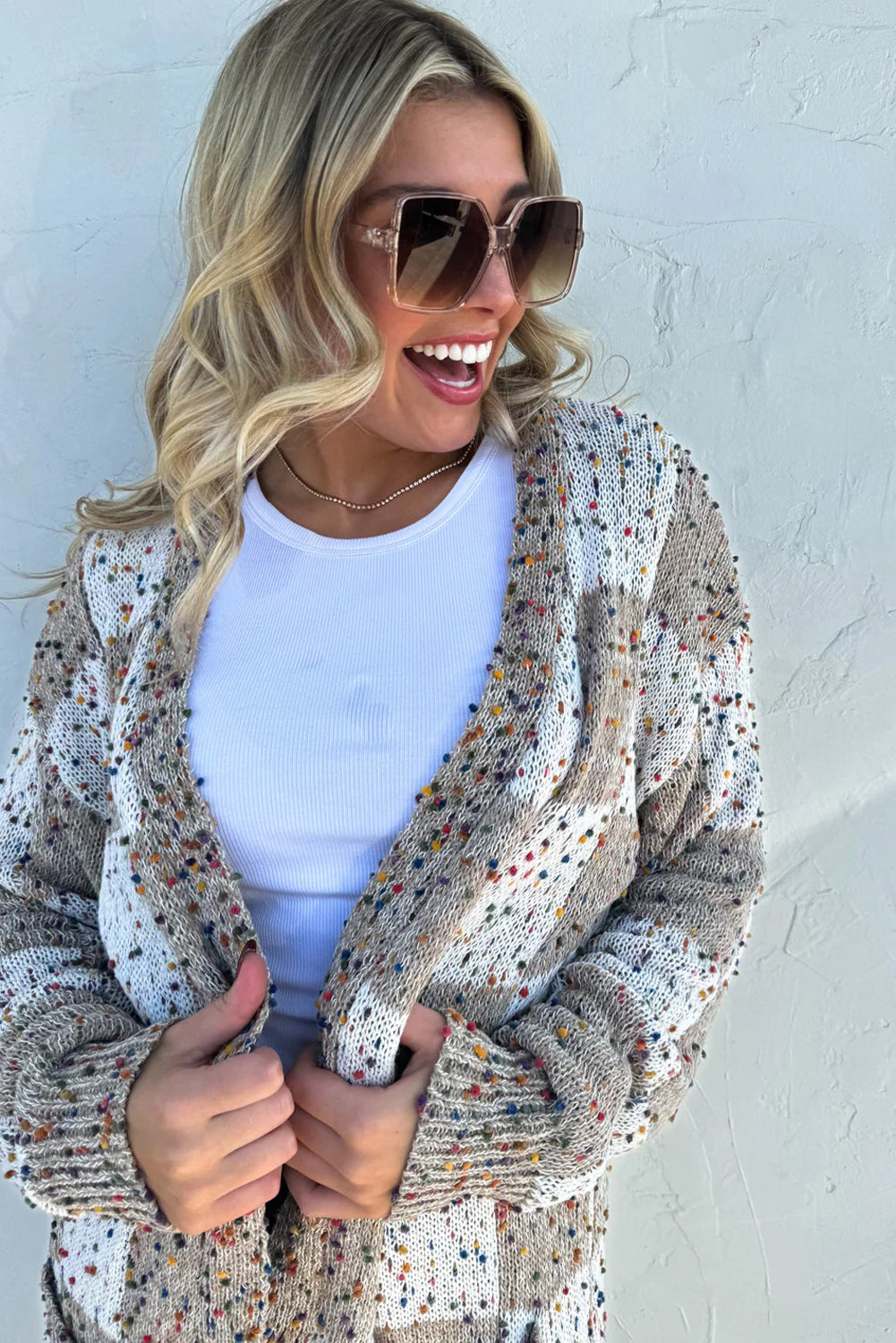 Brown Confetti Dot Checkered Print Open Cardigan with Pockets-Sweaters & Cardigans/Cardigans-[Adult]-[Female]-2022 Online Blue Zone Planet