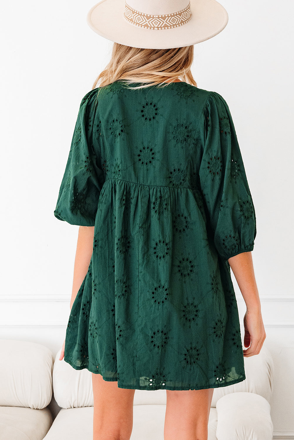 Blackish Green Embroidered Eyelet Pattern 3/4 Puffy Sleeve Swing Mini Dress-Dresses/Mini Dresses-[Adult]-[Female]-2022 Online Blue Zone Planet