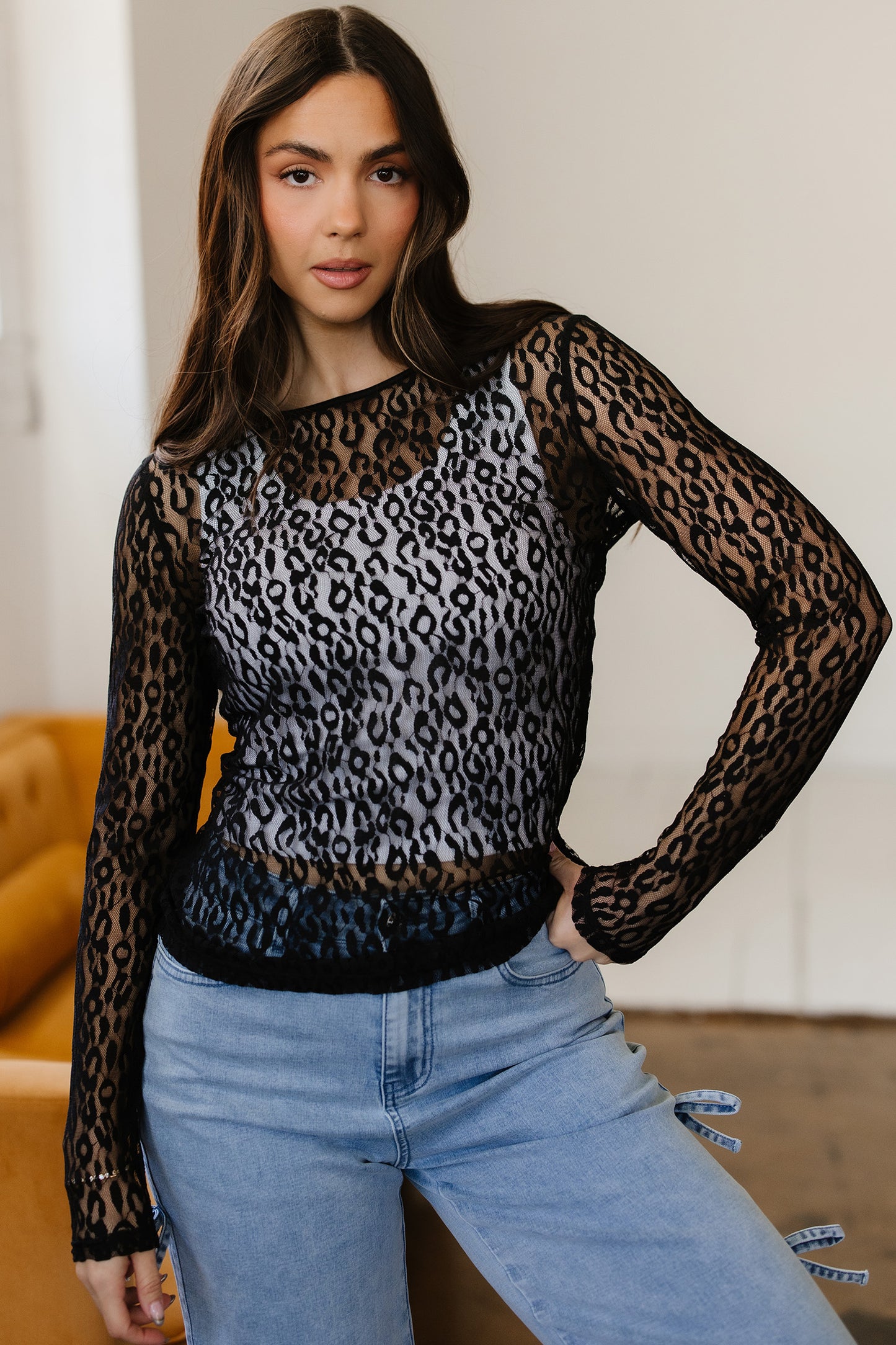 Black Leopard Pattern Sheer Mesh Long Sleeve Top-Tops/Long Sleeve Tops-[Adult]-[Female]-2022 Online Blue Zone Planet