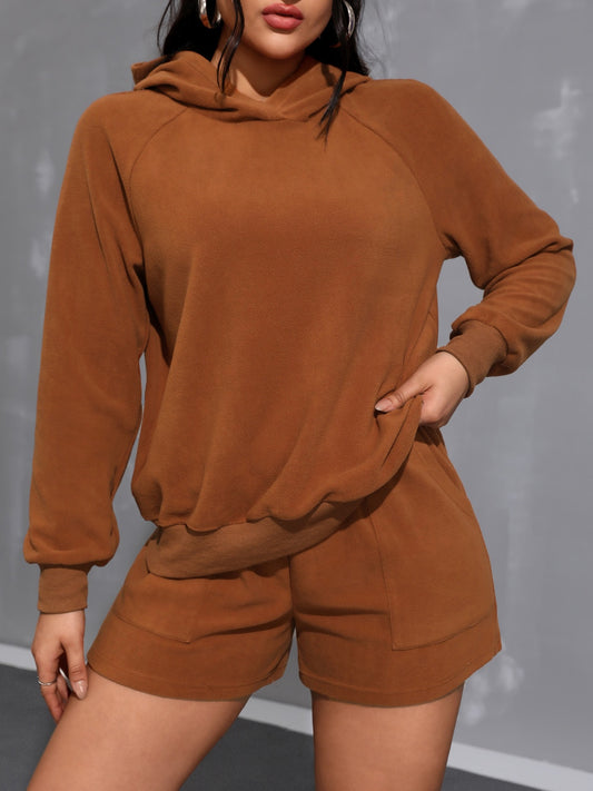 Blue Zone Planet | Long Sleeve Hoodie and Pocketed Shorts Set-TOPS / DRESSES-[Adult]-[Female]-Caramel-S-2022 Online Blue Zone Planet