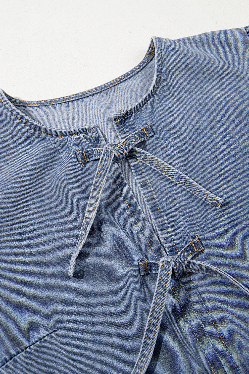Dusk Blue Bowknot Bubble Sleeve Short Denim Dress-TOPS / DRESSES-[Adult]-[Female]-2022 Online Blue Zone Planet