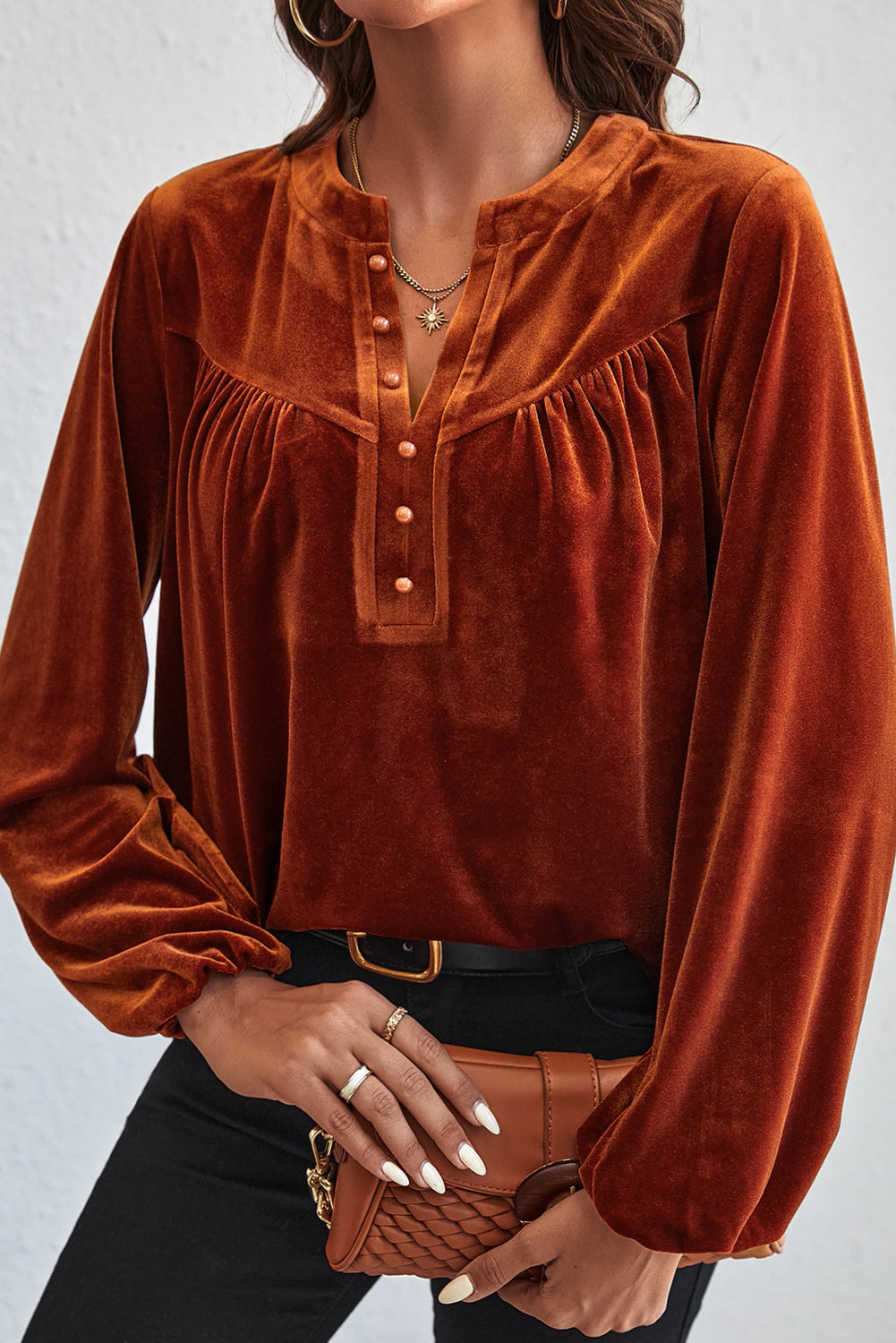 Gold Flame Lantern Sleeve Beaded Split V Neck Velvet Top-Tops/Blouses & Shirts-[Adult]-[Female]-2022 Online Blue Zone Planet