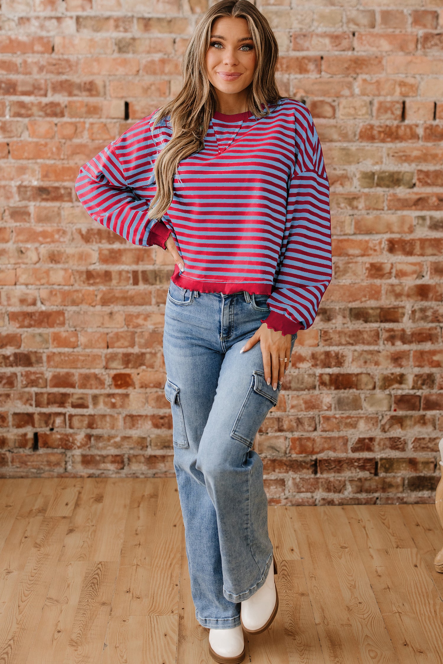 Red Stripe Exposed Seam Contrast Ribbed Trim Oversize Sweatshirt-Tops/Sweatshirts & Hoodies-[Adult]-[Female]-2022 Online Blue Zone Planet