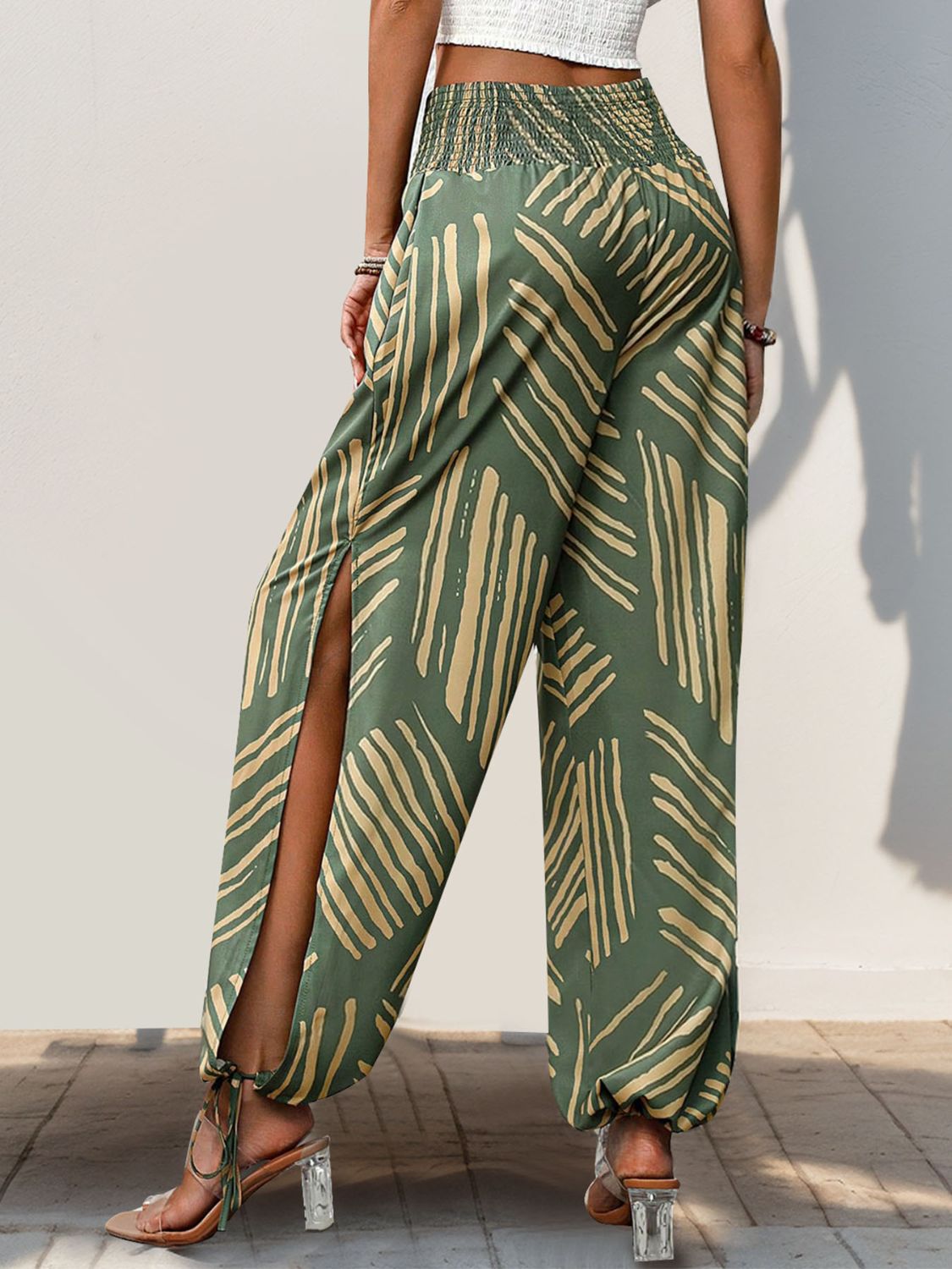 Smocked Slit Printed High Waist Pants-BOTTOMS SIZES SMALL MEDIUM LARGE-[Adult]-[Female]-2022 Online Blue Zone Planet