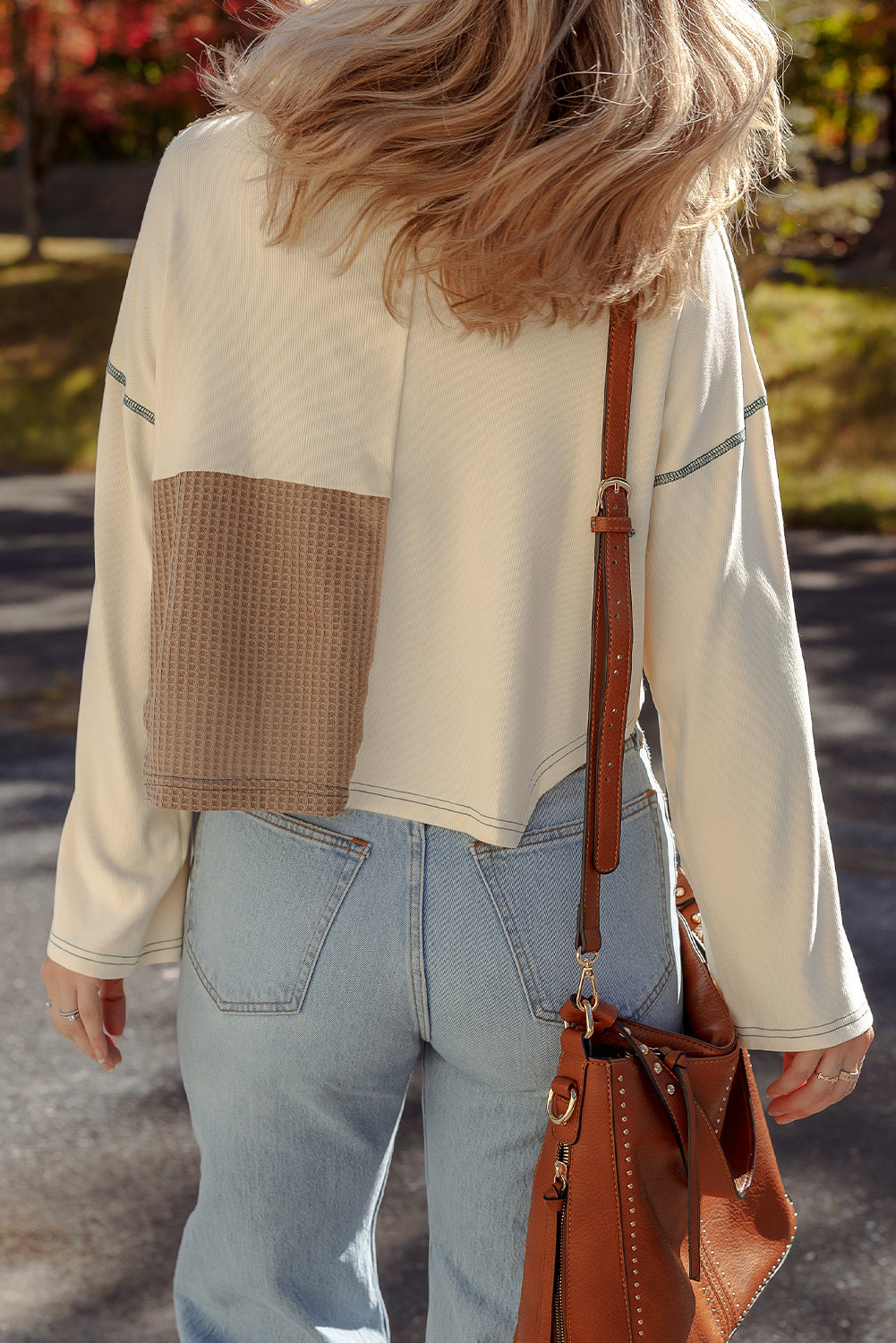 Beige Color Block Waffle Knit Stitch Detail Long Sleeve Top-Tops/Long Sleeve Tops-[Adult]-[Female]-2022 Online Blue Zone Planet