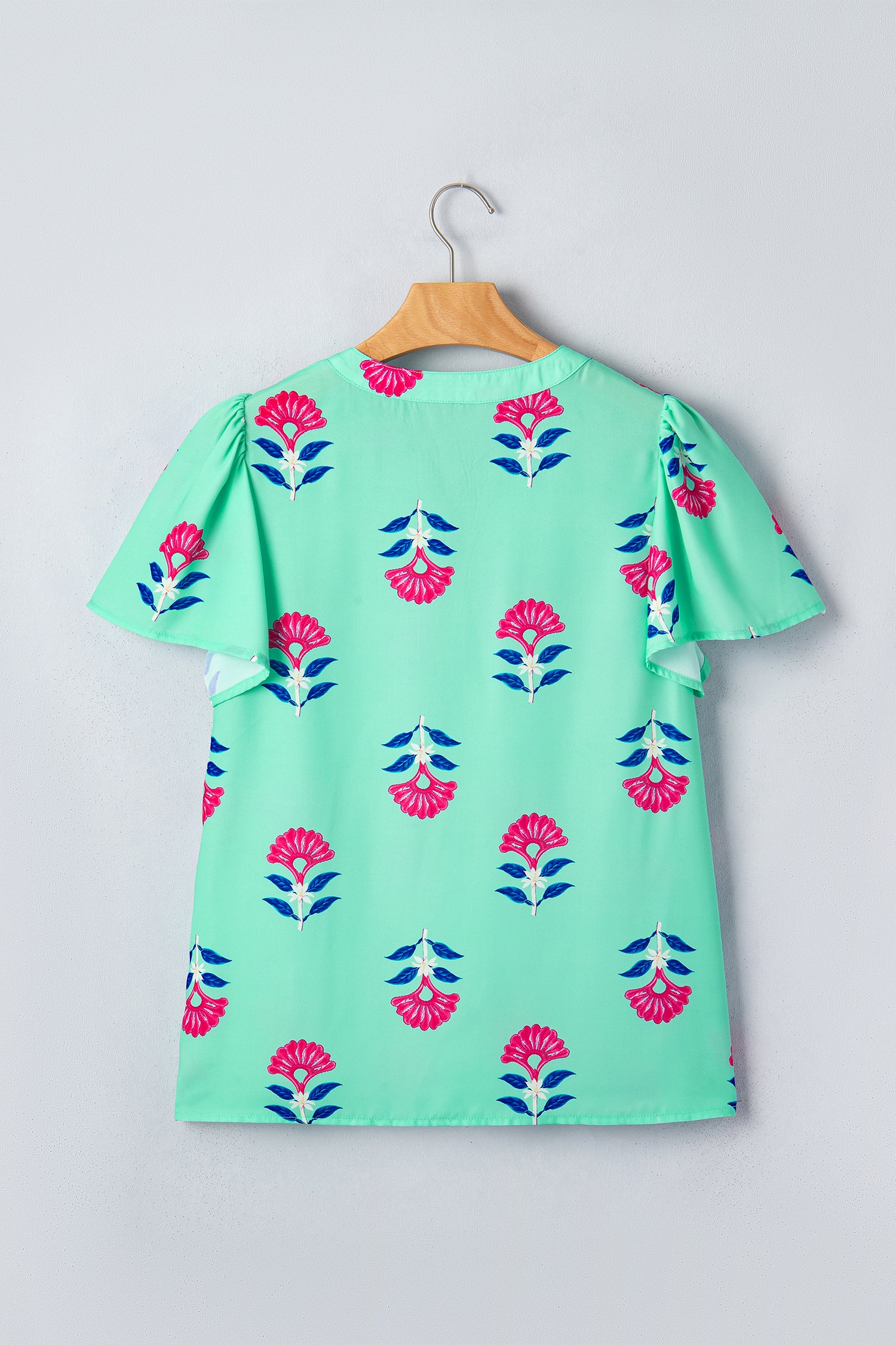 Green Floral V Neck Flutter Sleeve Blouse-Tops/Blouses & Shirts-[Adult]-[Female]-2022 Online Blue Zone Planet