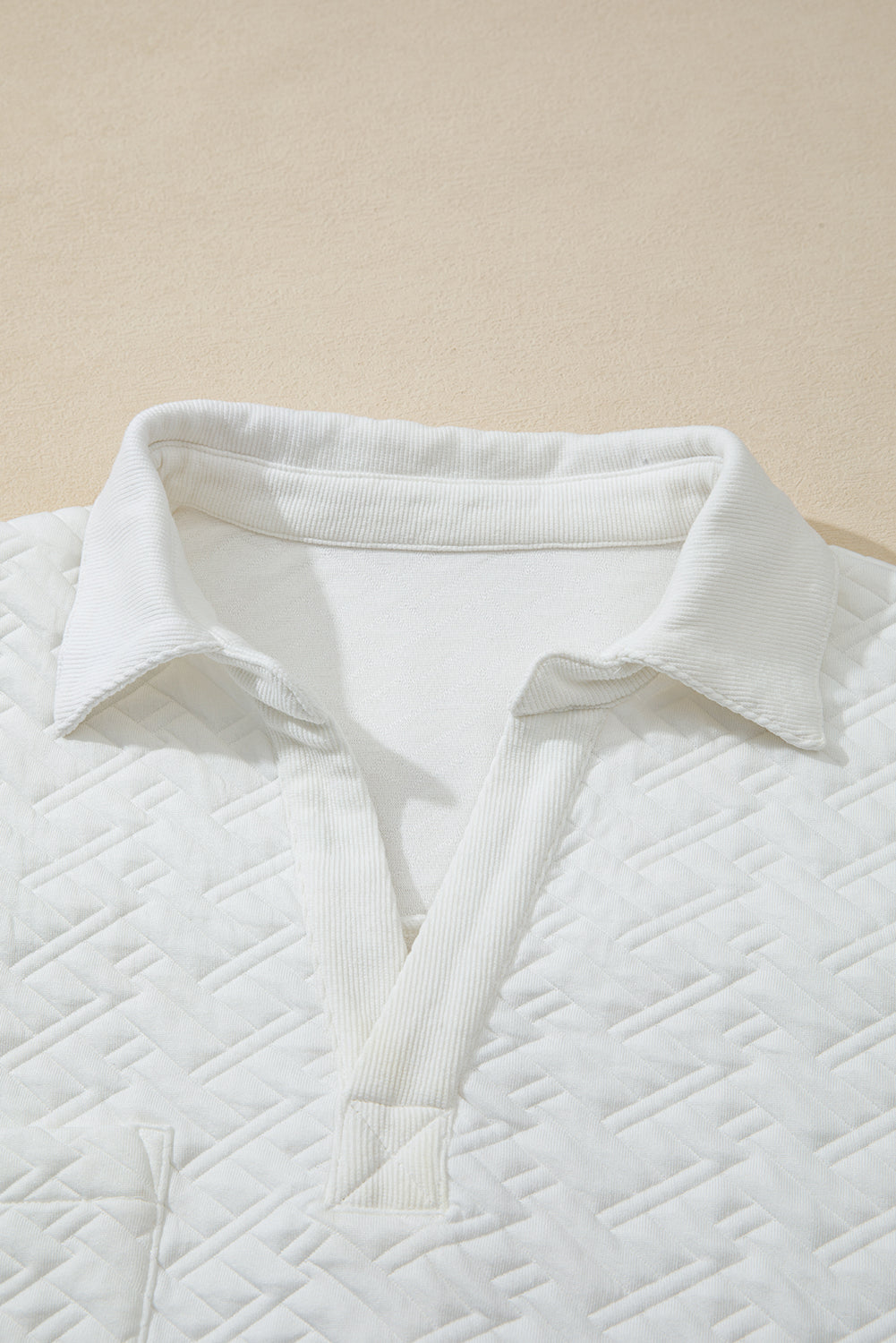 White Textured Pocketed Collared V Neck Pullover Sweatshirt-Tops/Sweatshirts & Hoodies-[Adult]-[Female]-2022 Online Blue Zone Planet
