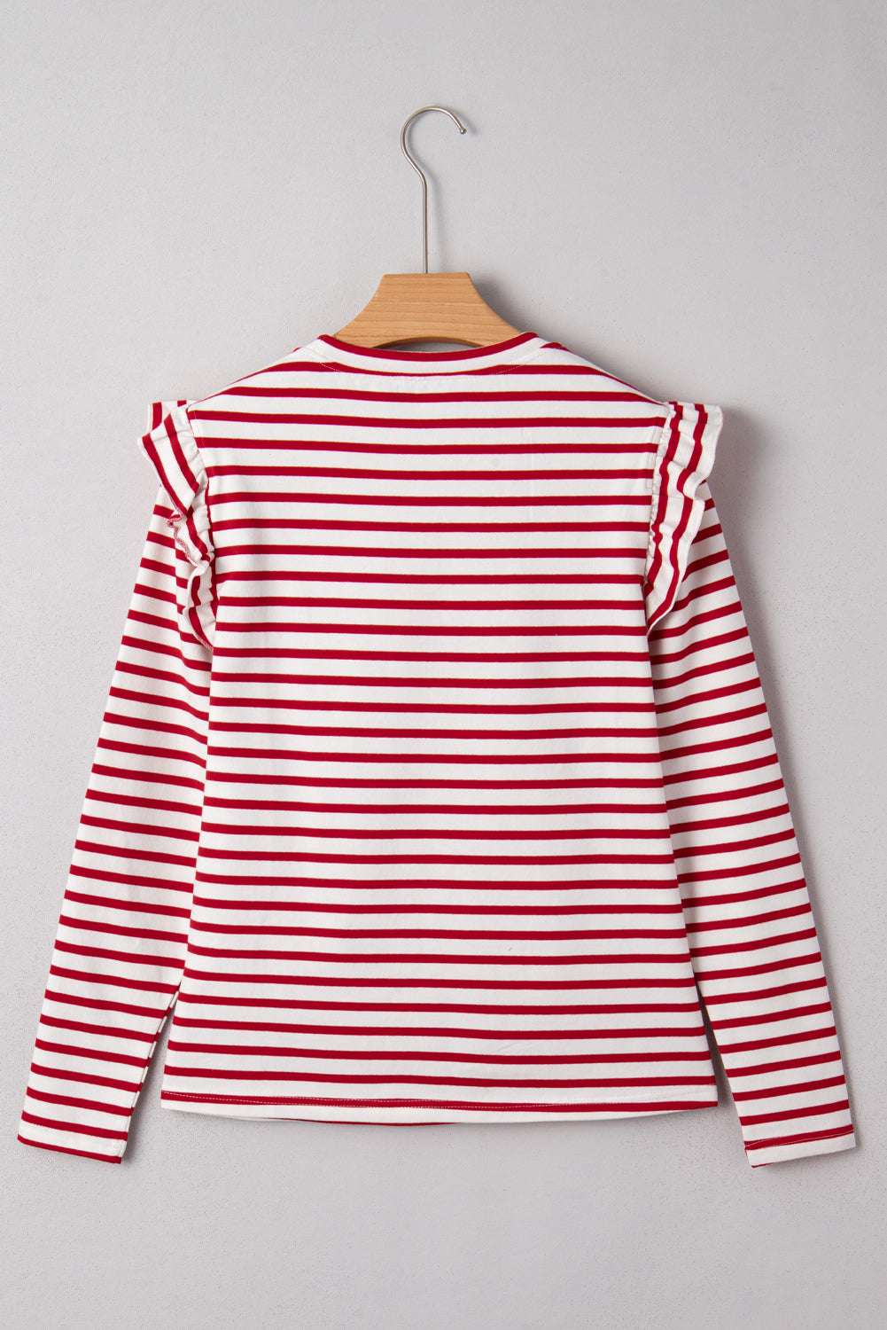 Red Stripe Round Neck Ruffle Trim Long Sleeve Top-Tops/Long Sleeve Tops-[Adult]-[Female]-2022 Online Blue Zone Planet