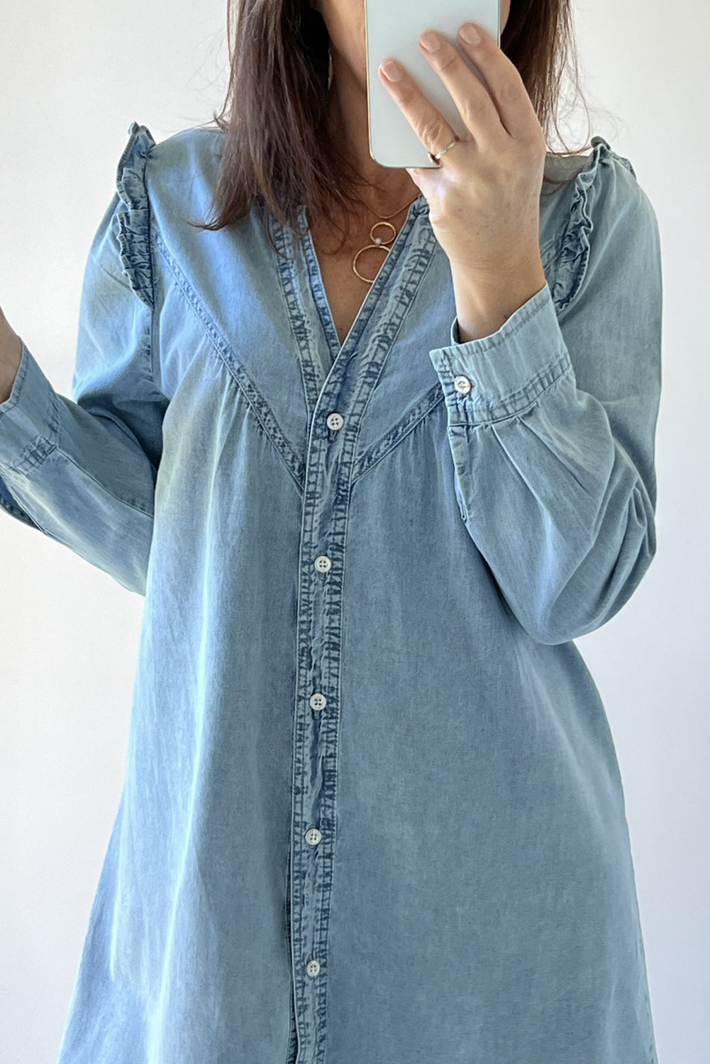 Blue Zone Planet | Myosotis Ruffled V Neck Buttoned Shift Denim Dress-TOPS / DRESSES-[Adult]-[Female]-2022 Online Blue Zone Planet