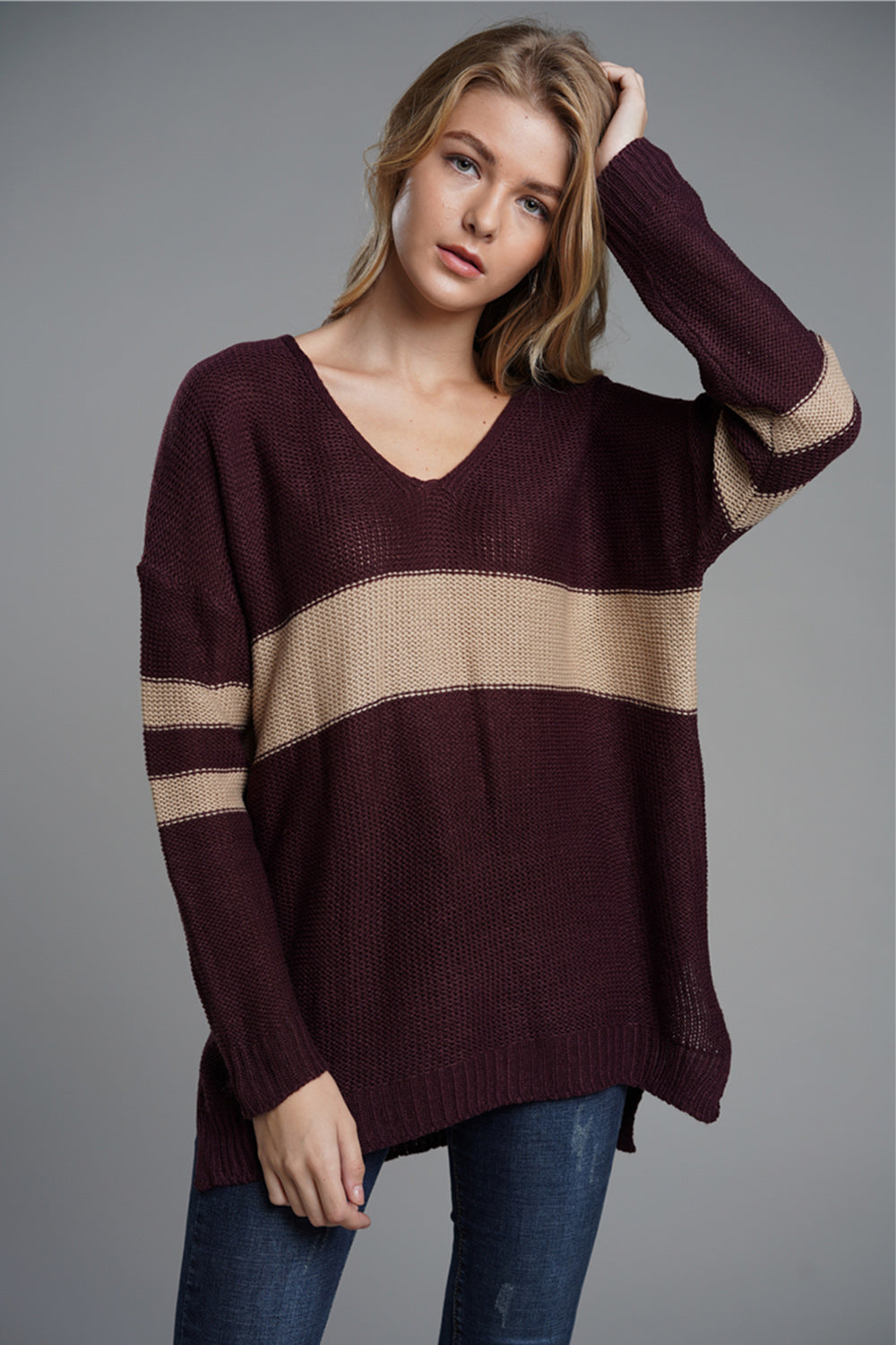 Slit Contrast V-Neck Long Sleeve Sweater-TOPS / DRESSES-[Adult]-[Female]-2022 Online Blue Zone Planet