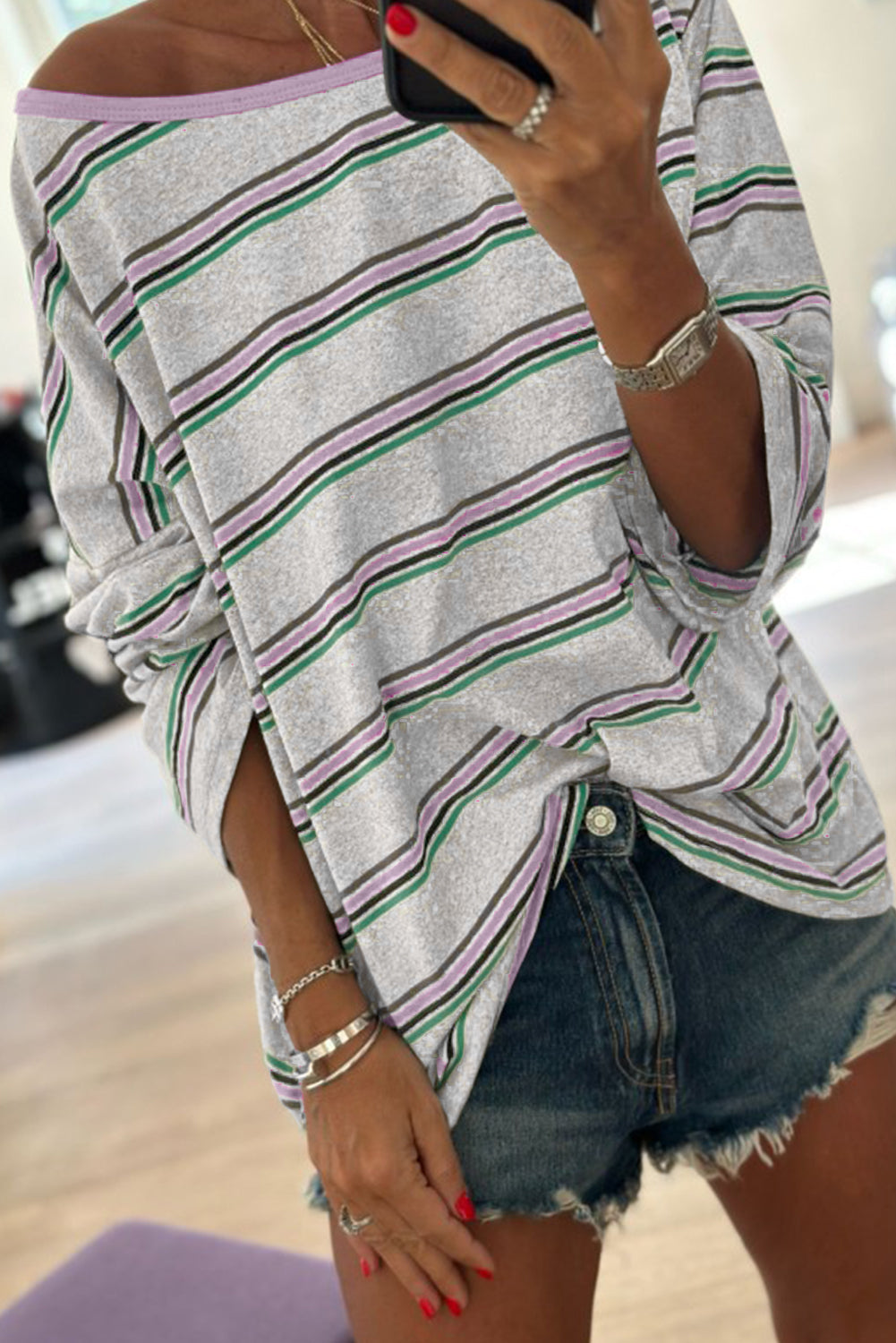 Purple Stripe Oversize Drop Shoulder Long Sleeve Casual Top-Tops/Long Sleeve Tops-[Adult]-[Female]-2022 Online Blue Zone Planet