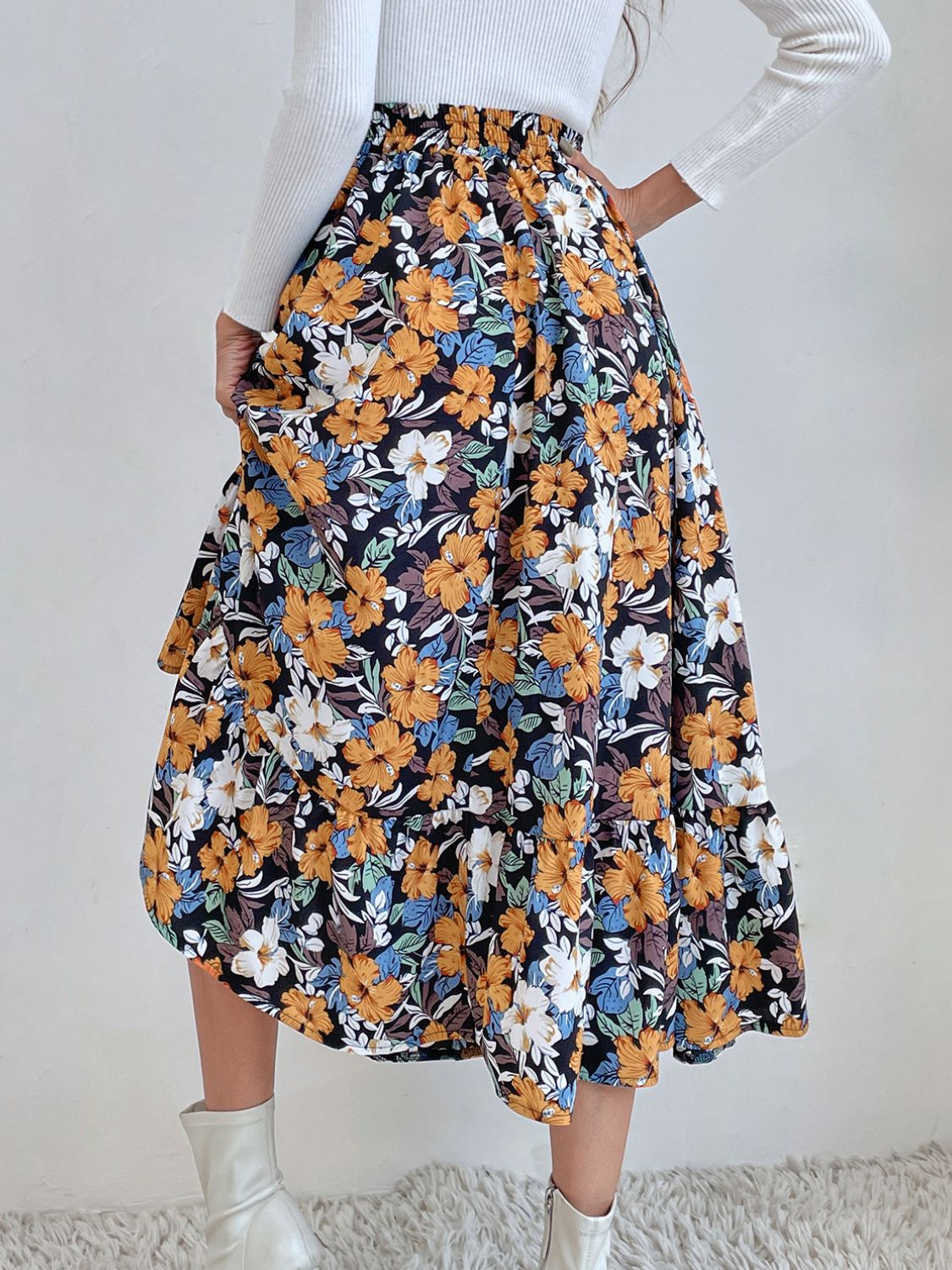 Printed Elastic Waist Midi Skirt-BOTTOM SIZES SMALL MEDIUM LARGE-[Adult]-[Female]-2022 Online Blue Zone Planet