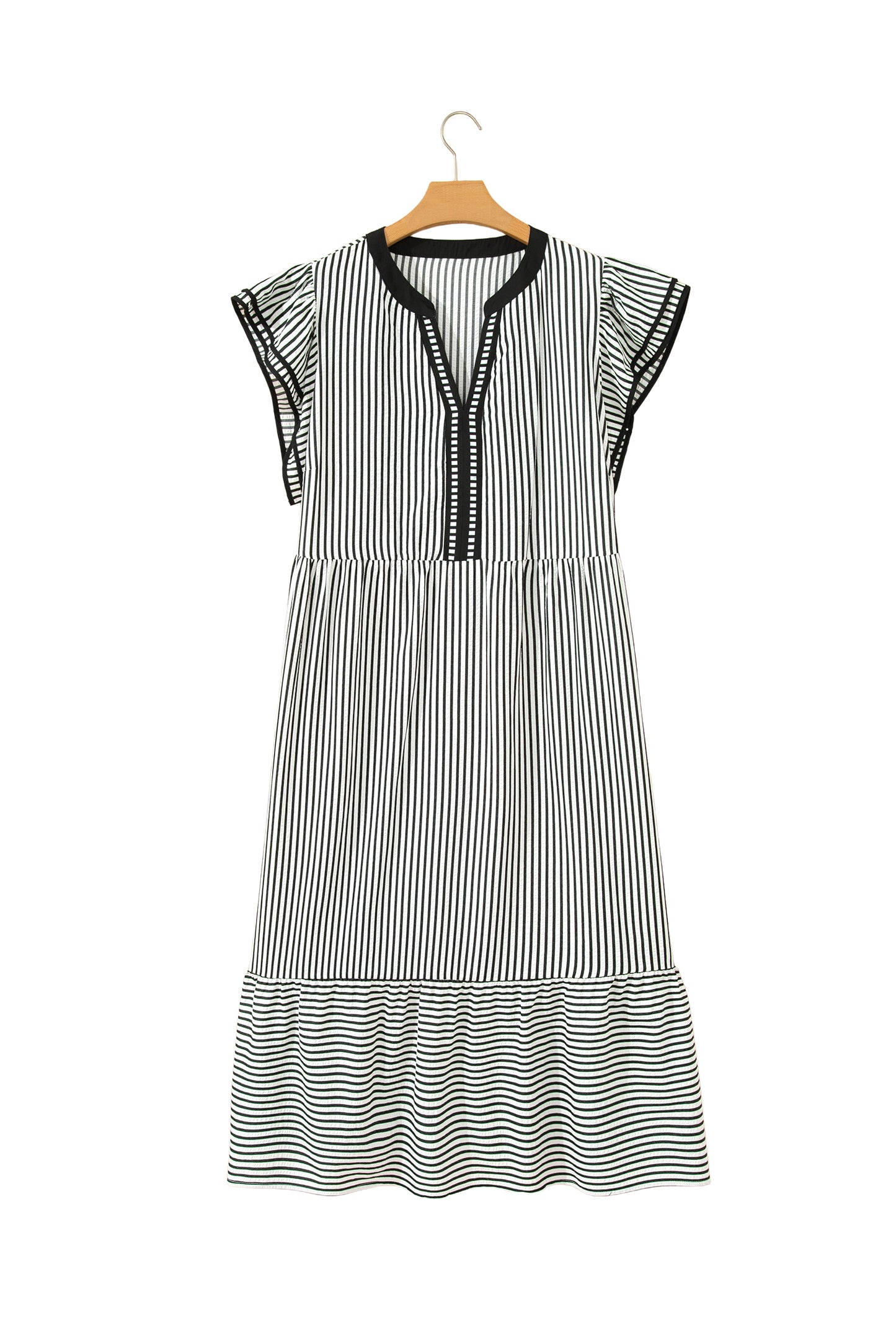 Black Stripe Plus Size Slit V Neck Tiered Flutter Sleeve Maxi Dress-TOPS / DRESSES-[Adult]-[Female]-2022 Online Blue Zone Planet