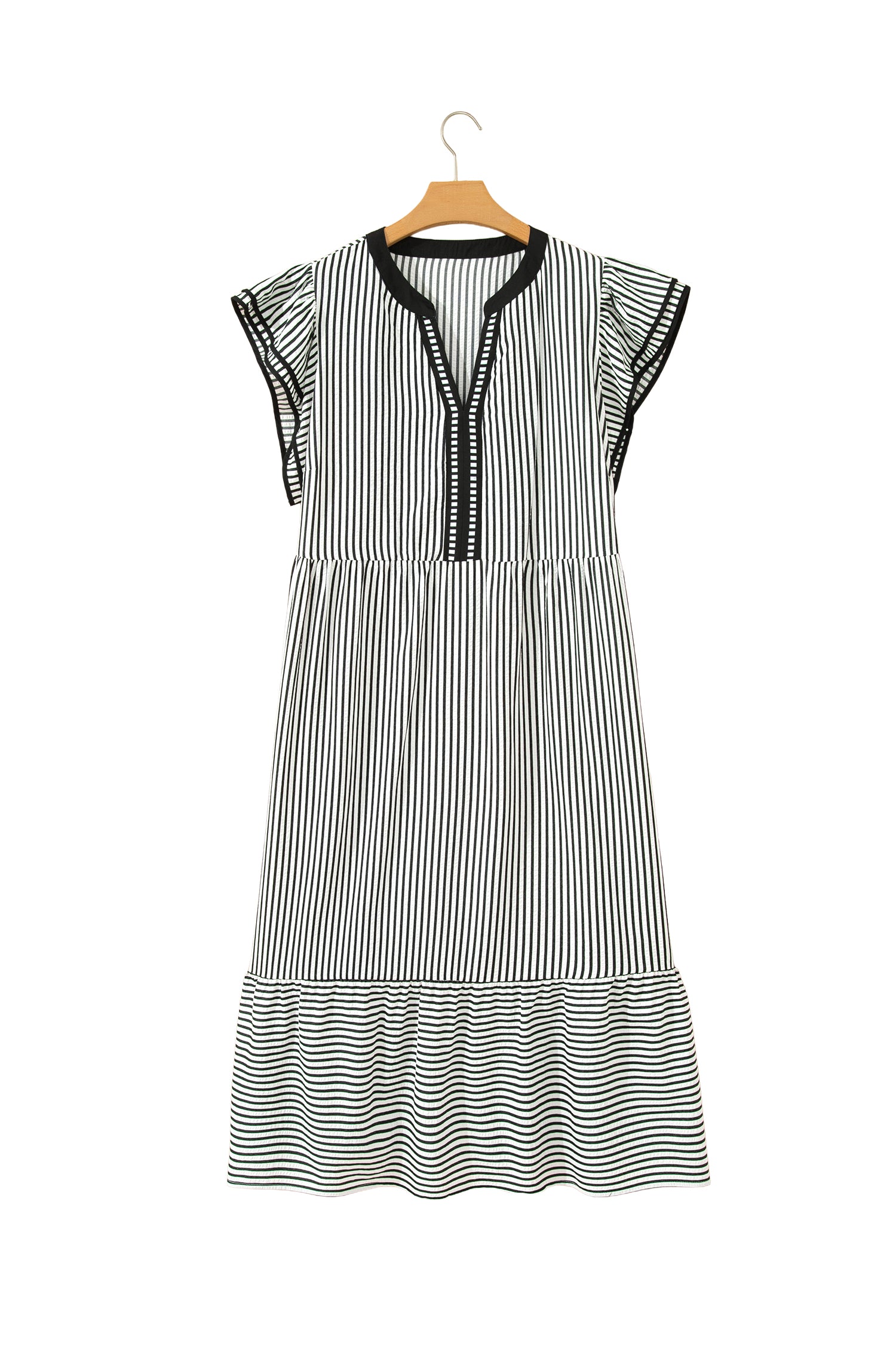 Black Stripe Plus Size Slit V Neck Tiered Flutter Sleeve Maxi Dress-TOPS / DRESSES-[Adult]-[Female]-2022 Online Blue Zone Planet