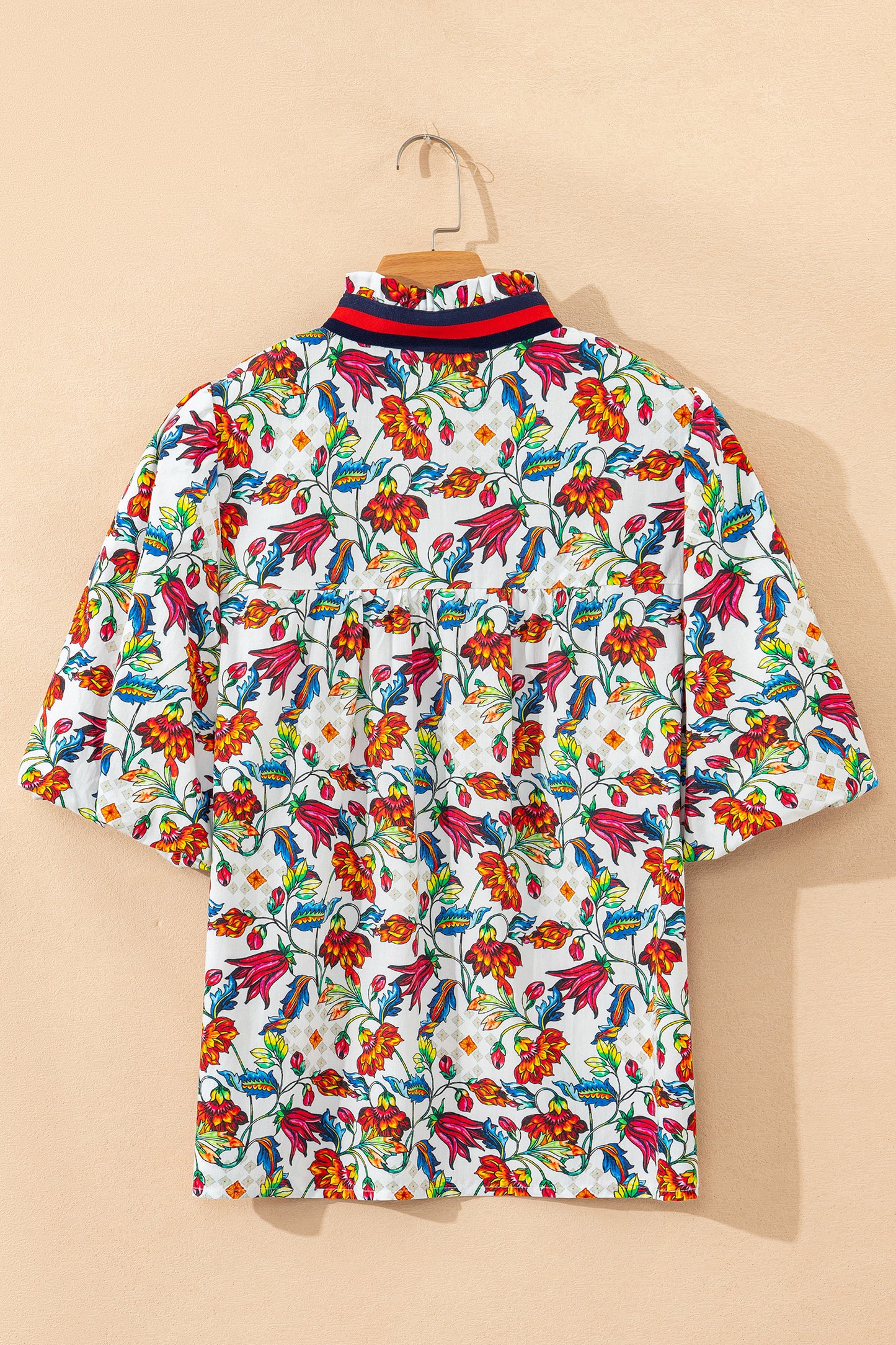 Multicolour Contrasted V Neckline Floral Puff Short Sleeve Blouse-Tops/Blouses & Shirts-[Adult]-[Female]-2022 Online Blue Zone Planet